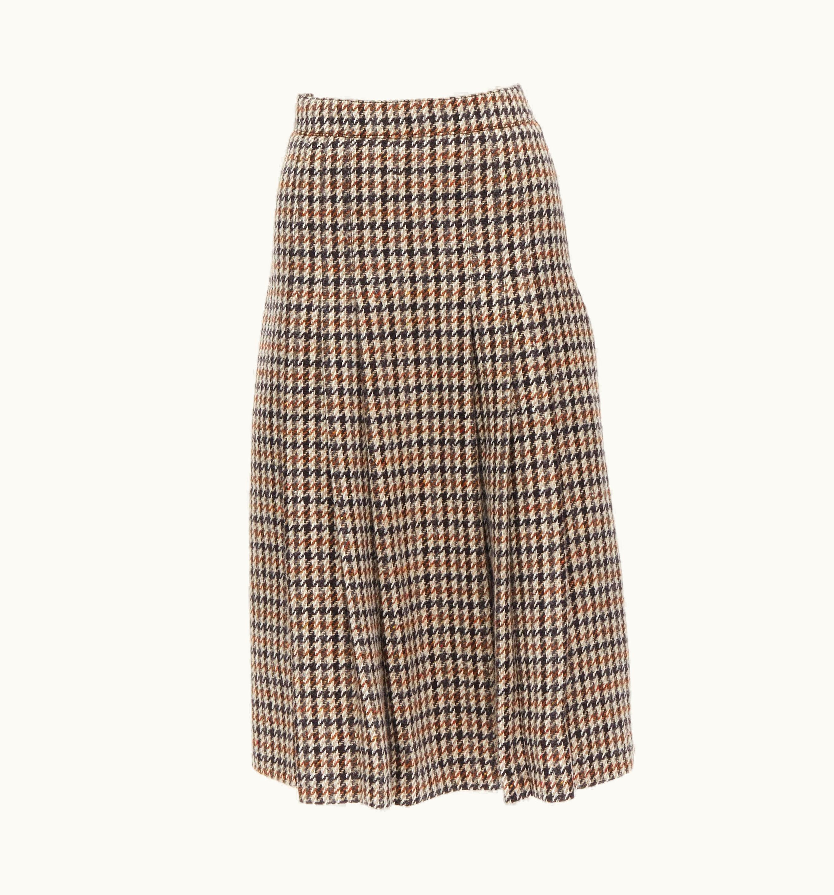 Celine Hedi Slimane Prince Of Wales Houndstooth Wool Tweed Pleated Skirt