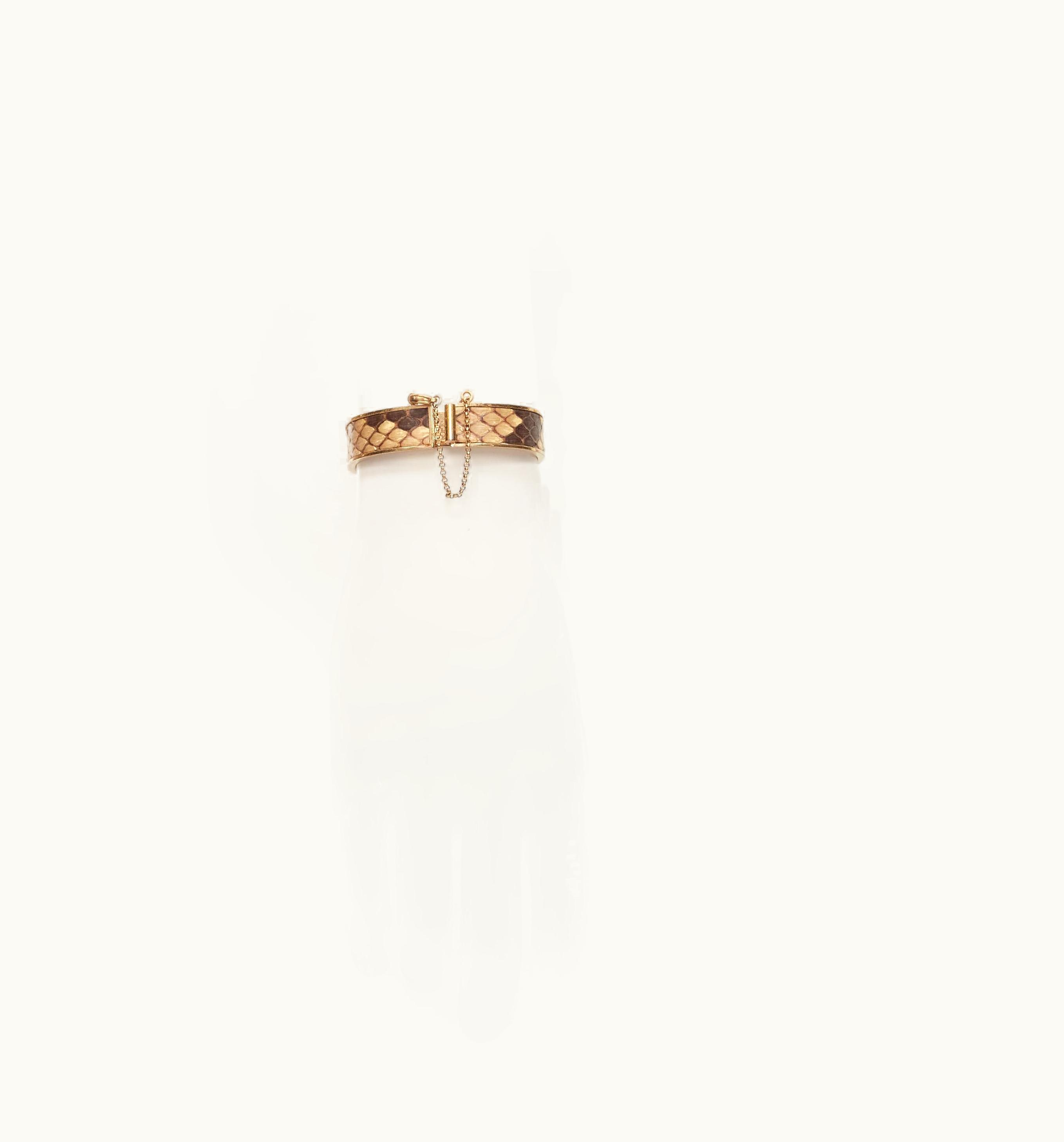 Celine Old Celine Phoebe Philo Manchette Natural Scaled Leather Gold Metal Cuff Bangle
