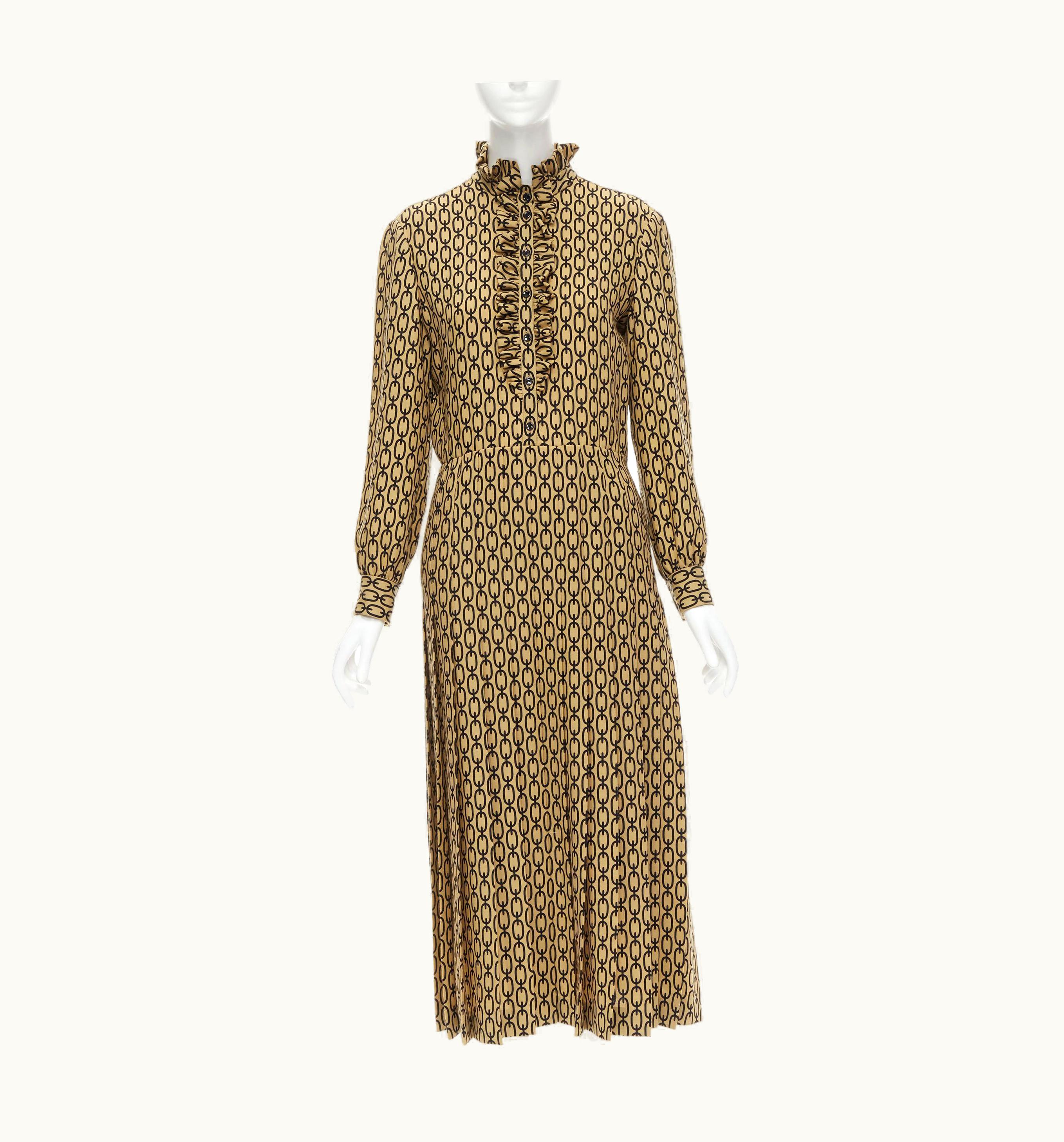 Celine Hedi Slimane Triomphe Chain Print Wool Twill Frill Collar Pleated