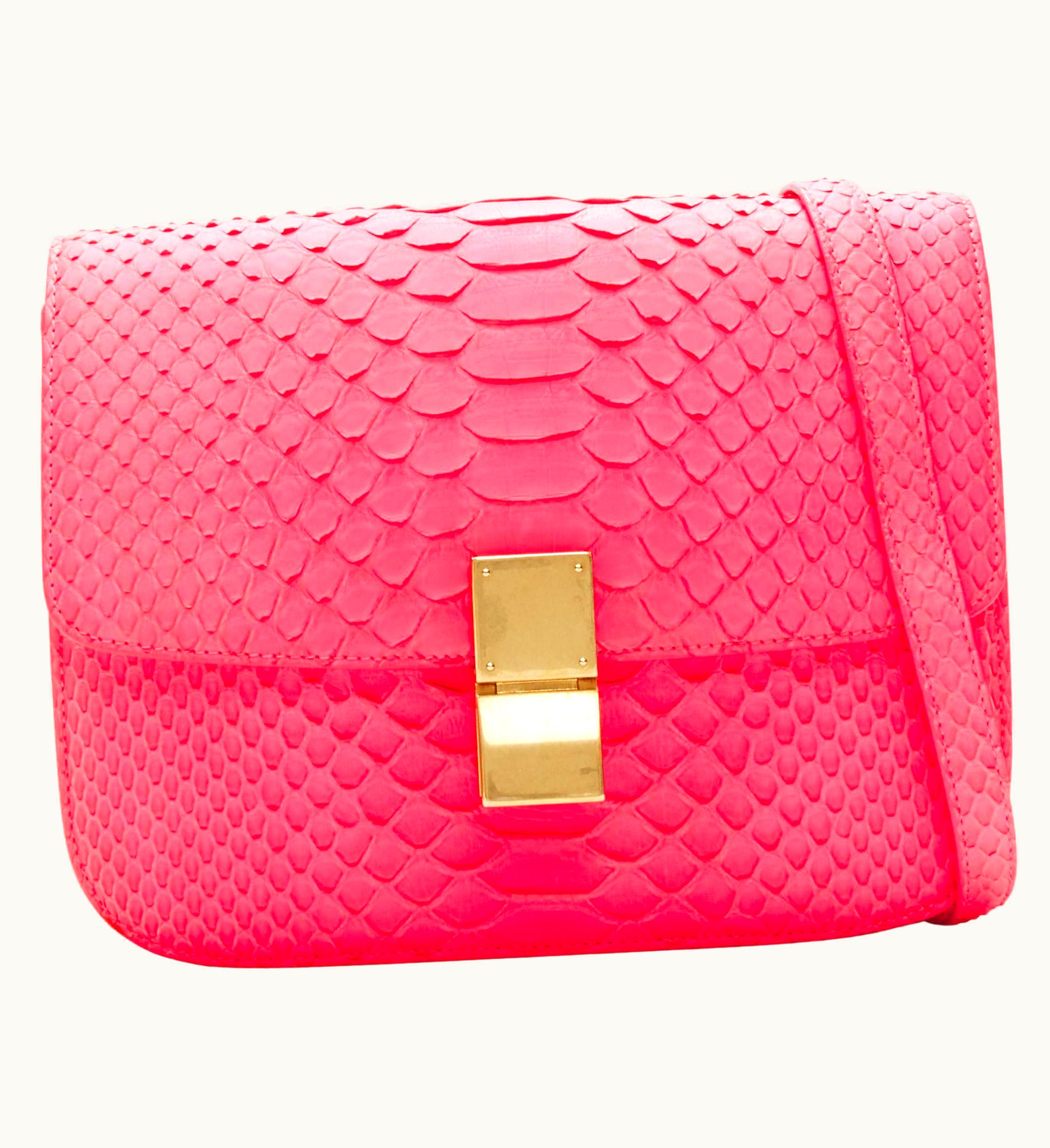 Celine Old Celine Medium Classic Box Bag Neon Pink Scaled Leather Flap Crossbody
