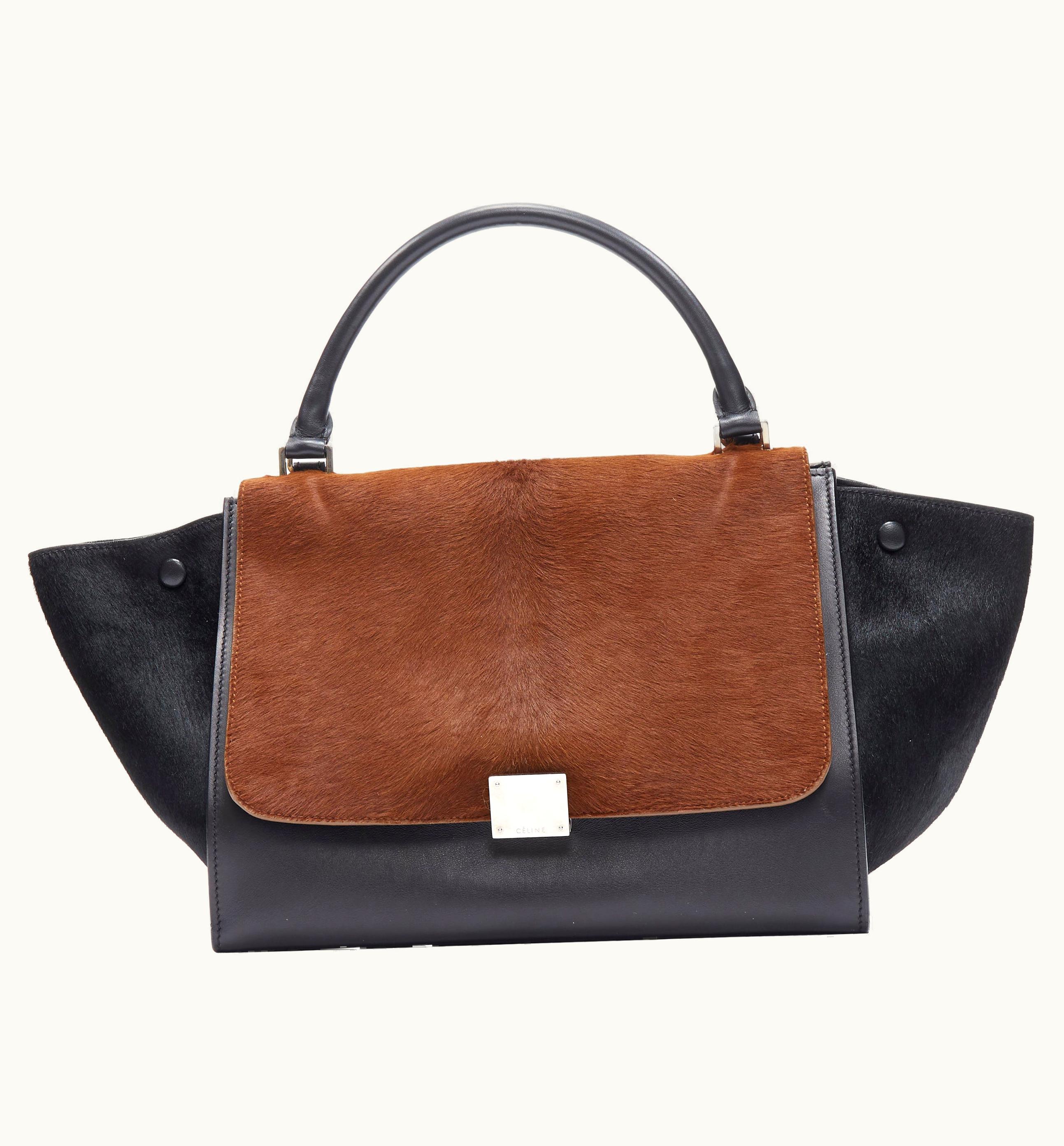 Celine Medium Trapeze Black Brown Horse Hair Silver Buckle Crossbody Satchel Bag