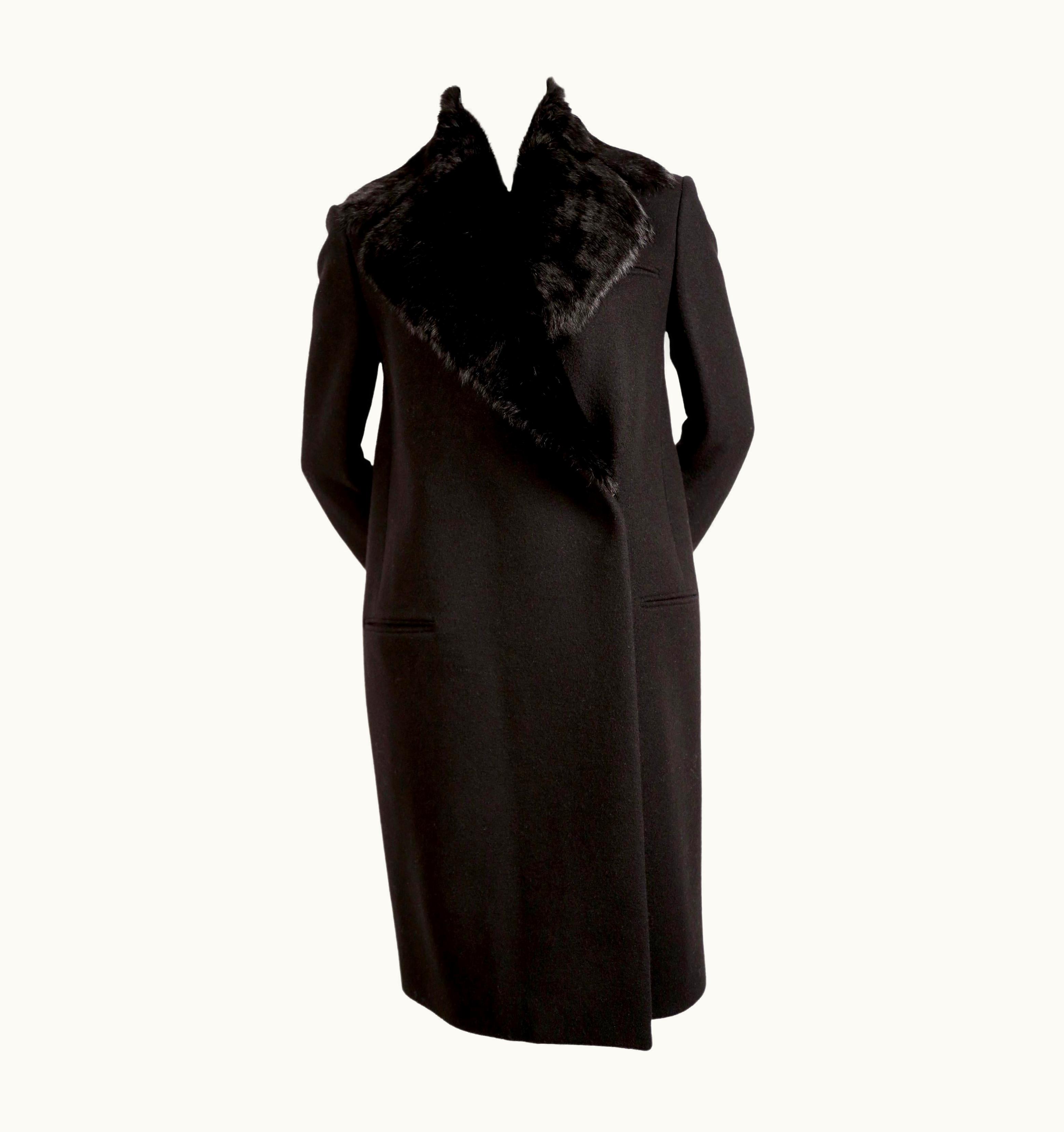 Celine By Phoebe Philo Black Wool Crombie Coat With Removable Rabbit Collar