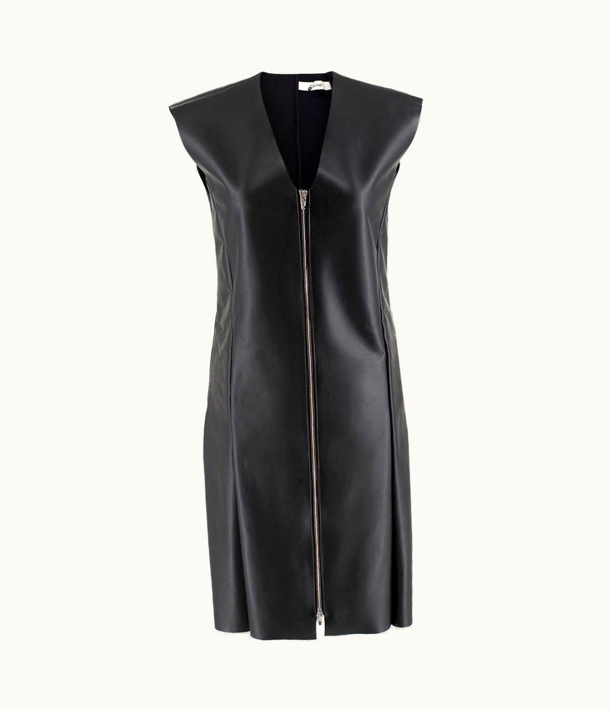 Celine Black Faux Leather Sleeveless Exposed Zip Front Dress
