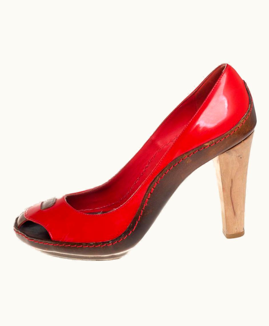 Celine Red/Brown Leather And Patent Leather Pick Toe Pumps