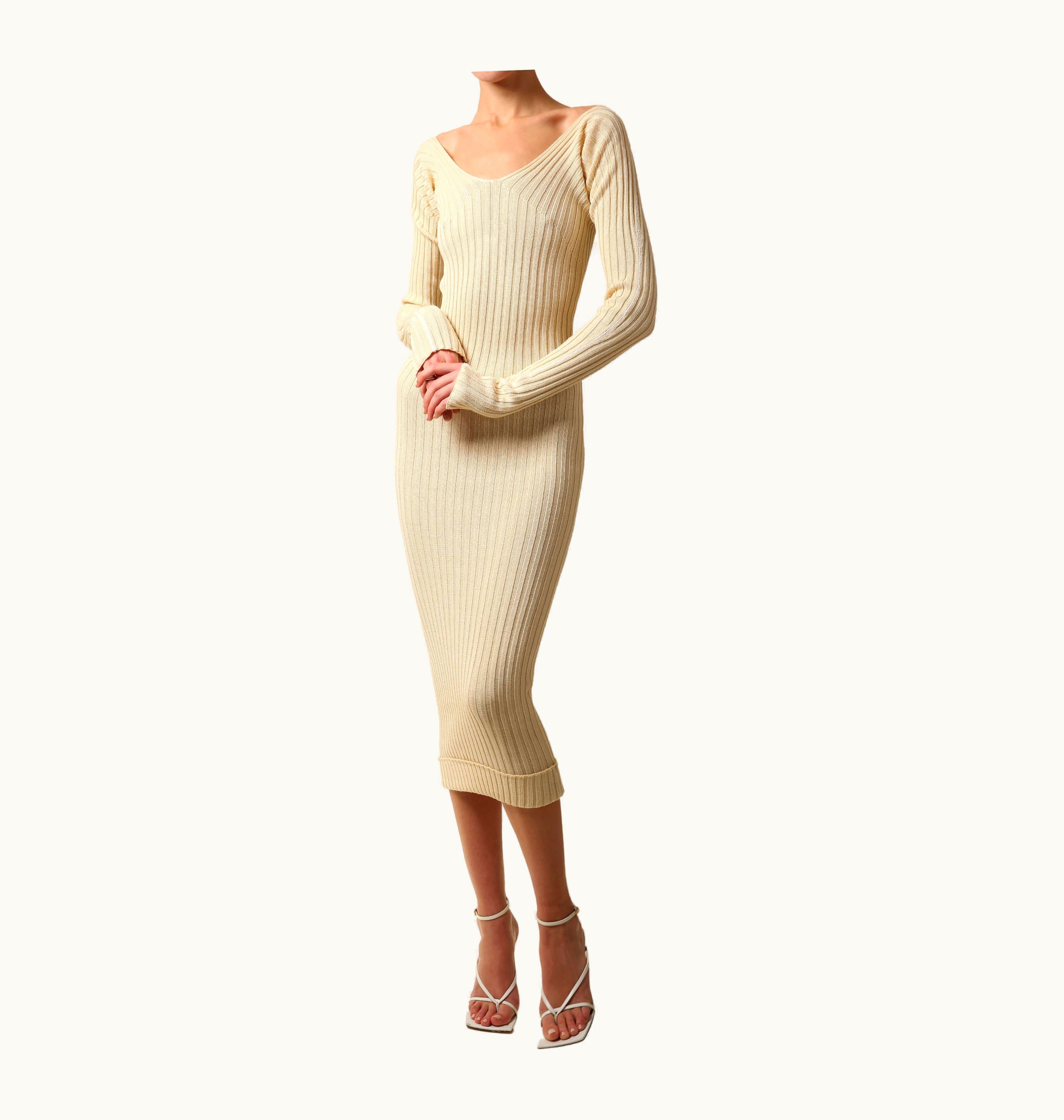 Celine Phoebe Philo Cream Ribbed Stretch Body Con Knitted Sweater Midi Dress