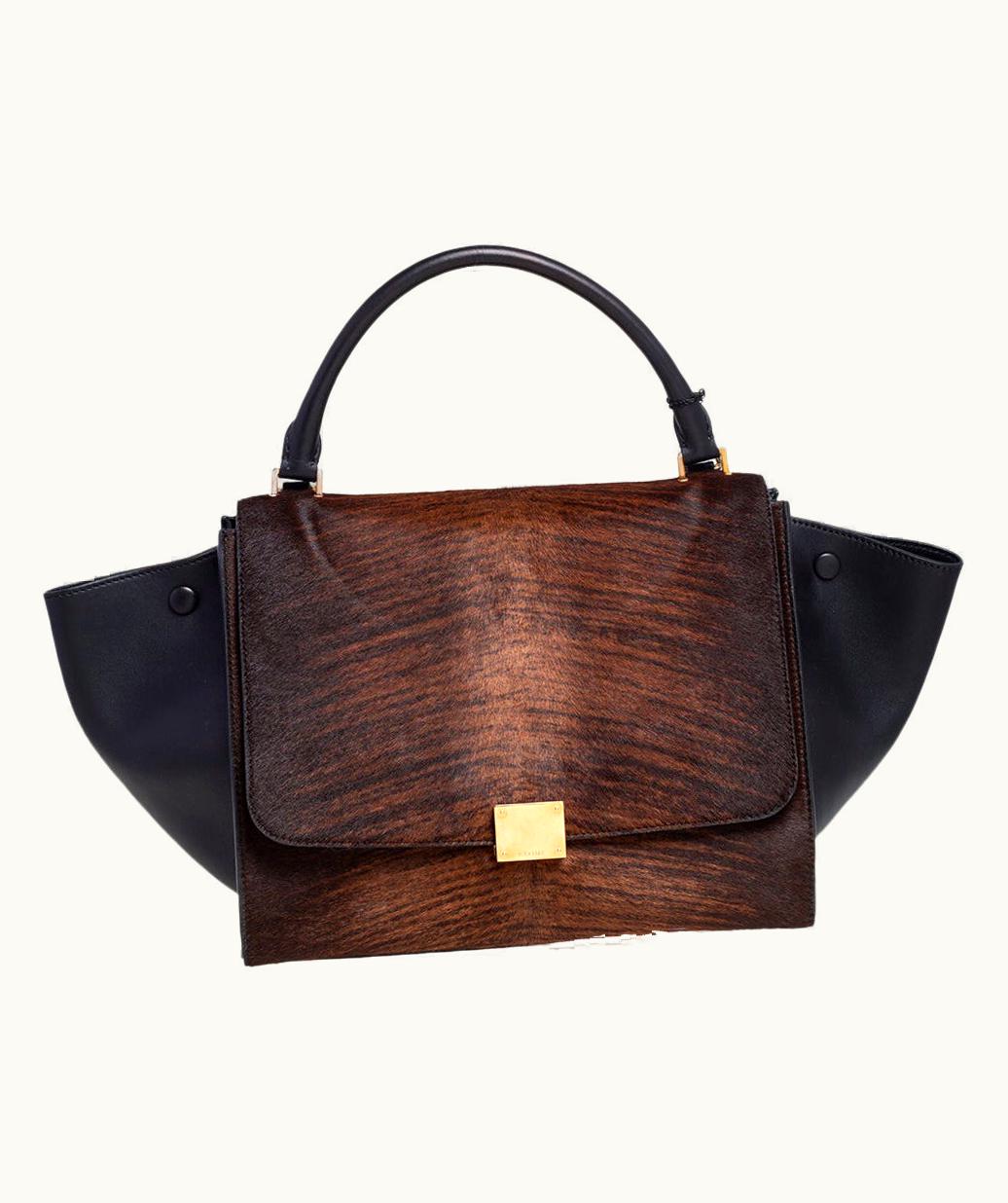 Celine Black/Brown Calf Hair And Leather Medium Trapeze Top Handle Bag