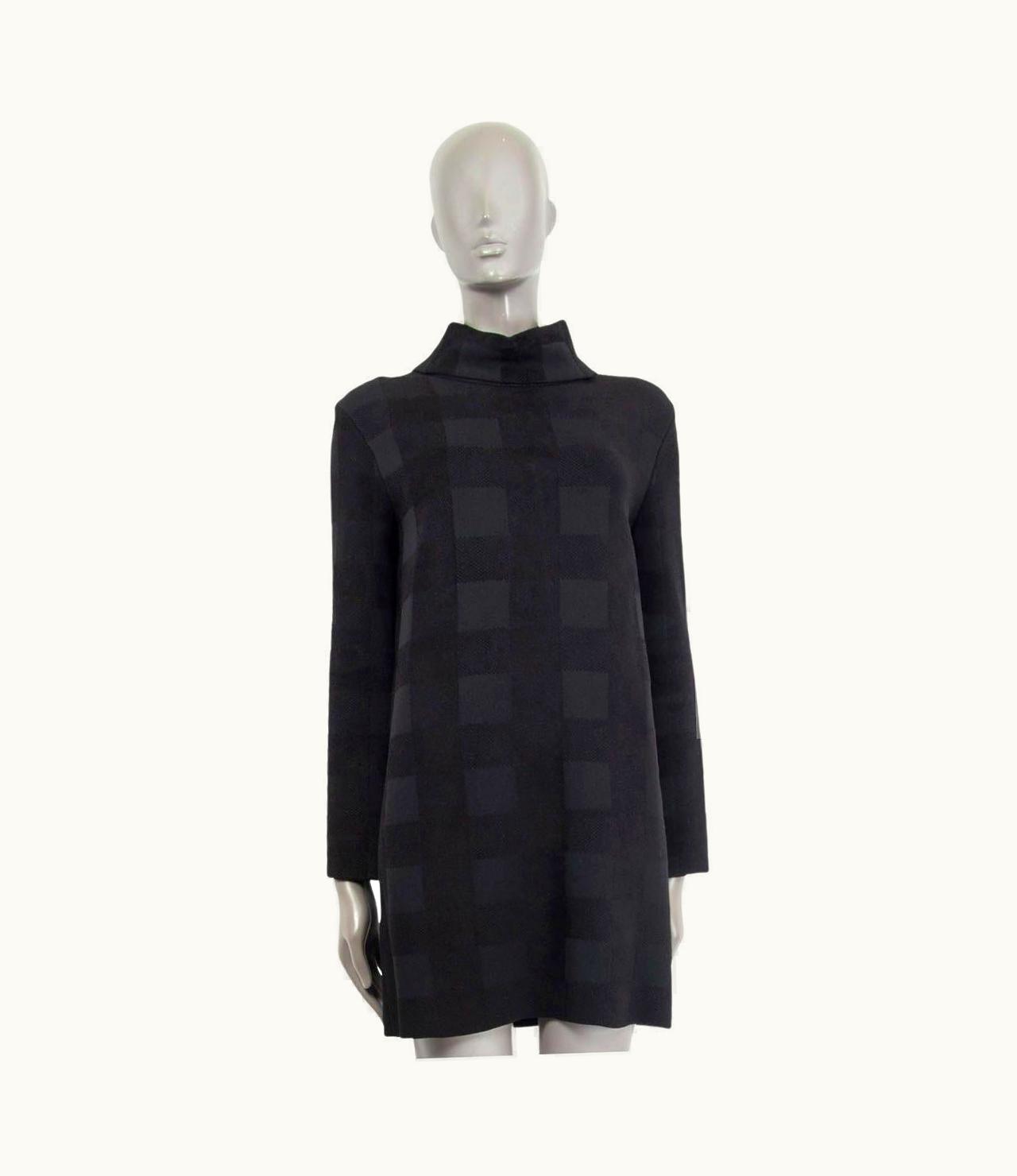 Celine Black & Grey Viscose Check High Neck Long Sleeve Knit Dress