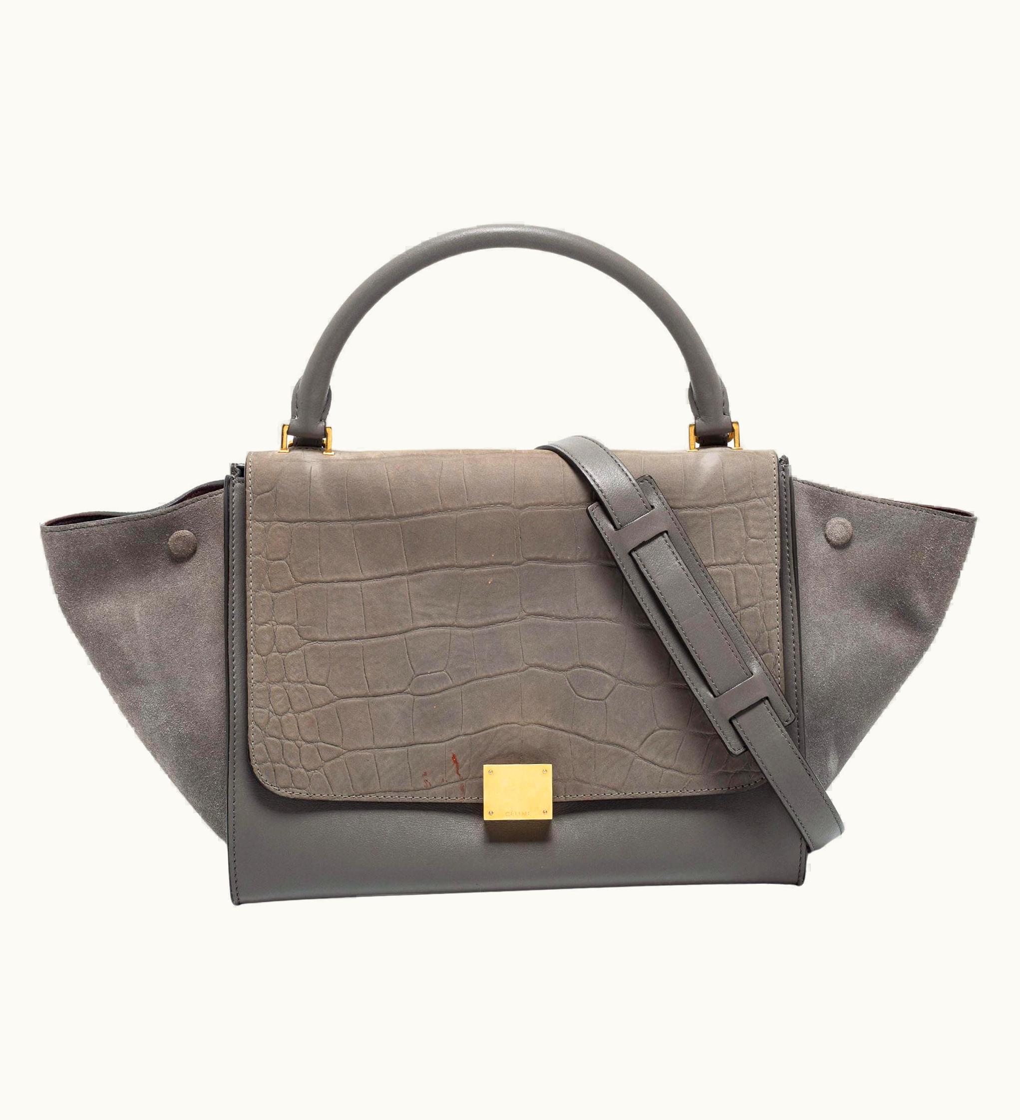 Celine Grey Croc Embossed Leather, Suede And Leather Medium Trapeze Bag