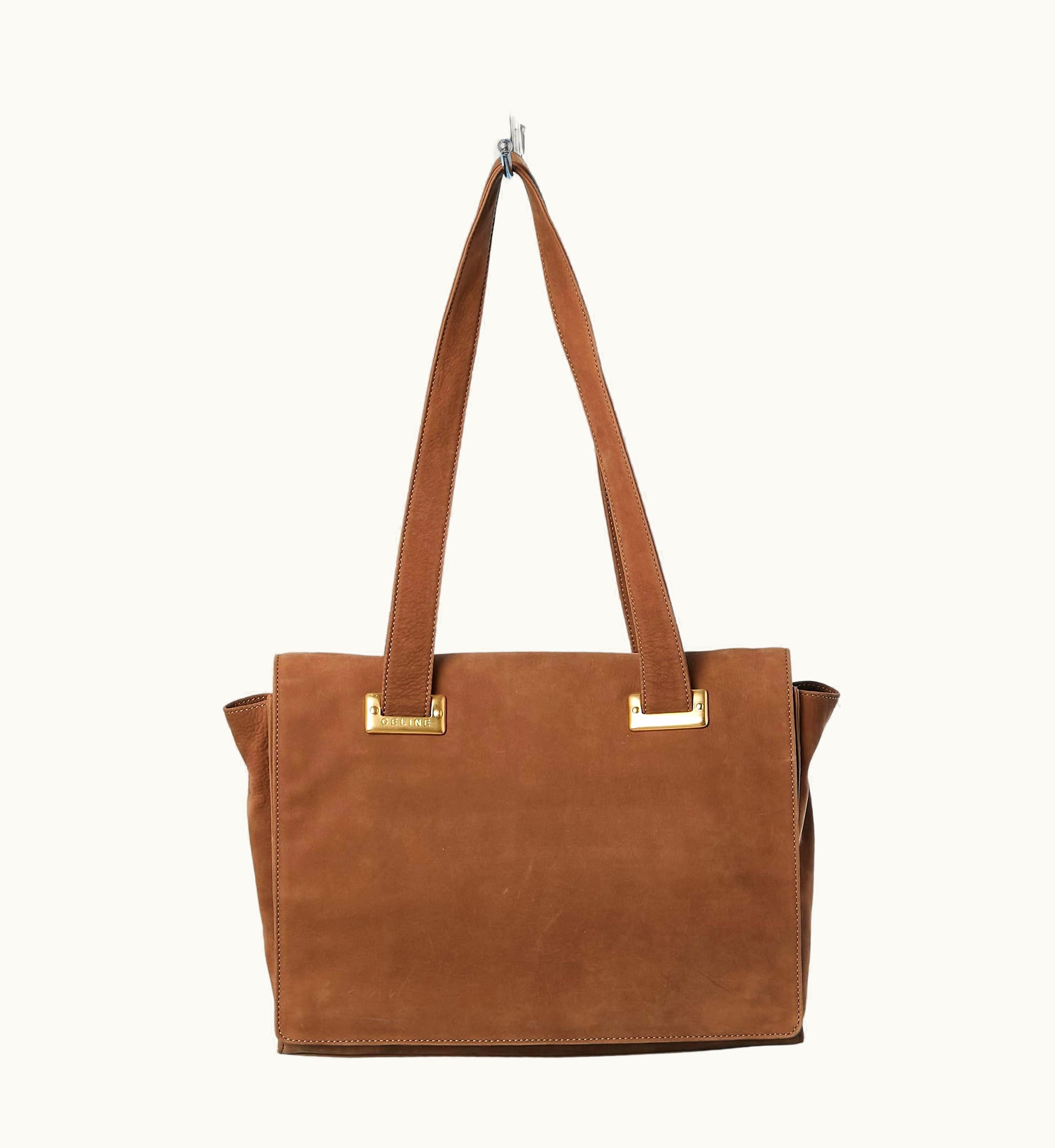 Celine Brown Suede Shoulder Bag With Flap And Gold Metal Hardware Céline