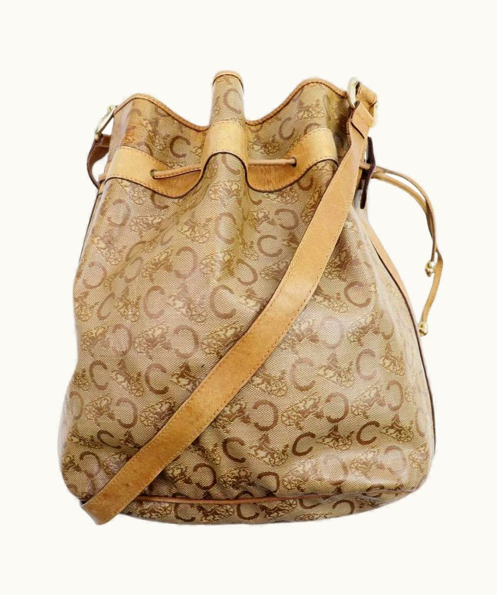 Celine Céline Macadam Bucket Hobo Drawstring Monogram Logo 872408 Light Brown Coated