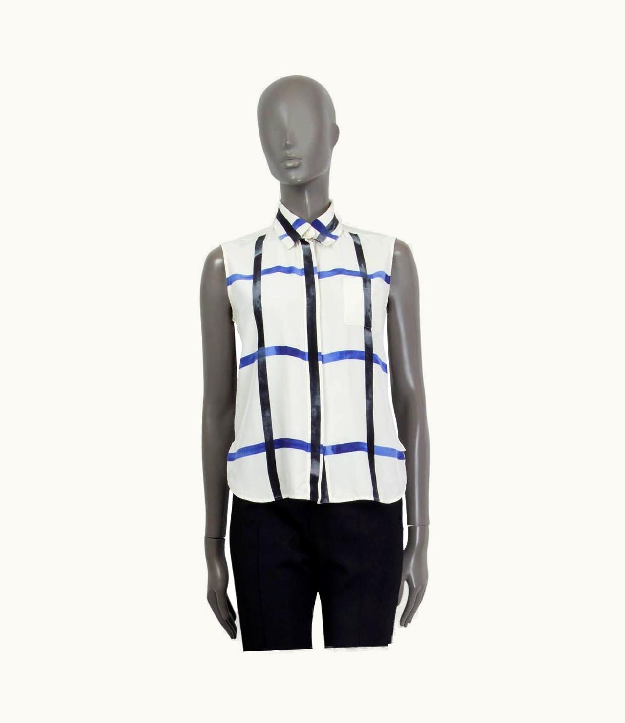 Celine Ivory White Silk Check Sleeveless Blouse Button Up Shirt