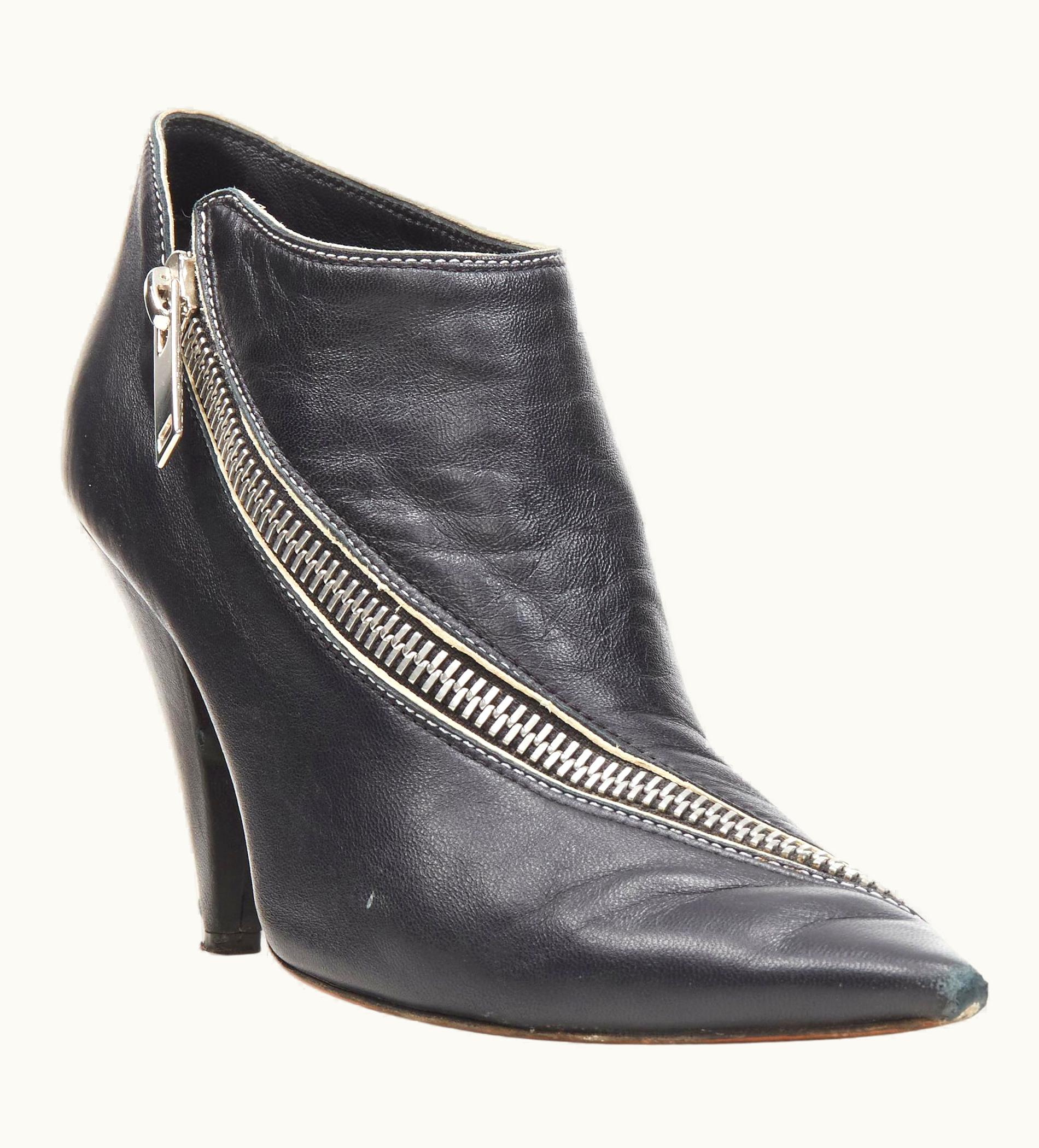 Celine Old Celine Phoebe Philo Black Leather Twist Silver Zip Cone Heel Bootie