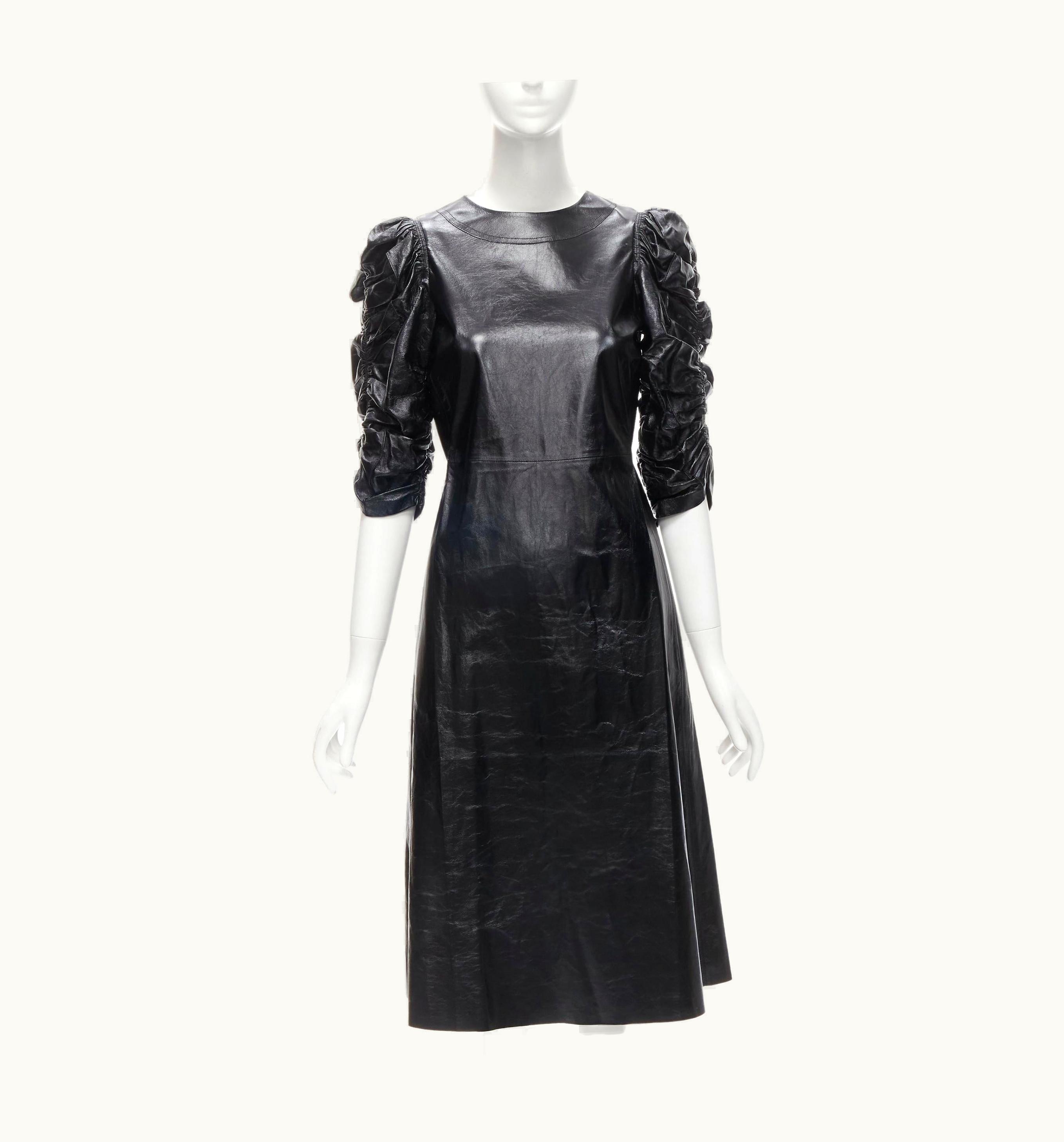 Celine Rare Old Celine Phoebe Philo Black Shiney Lambskin Rusched Sleeve Dress