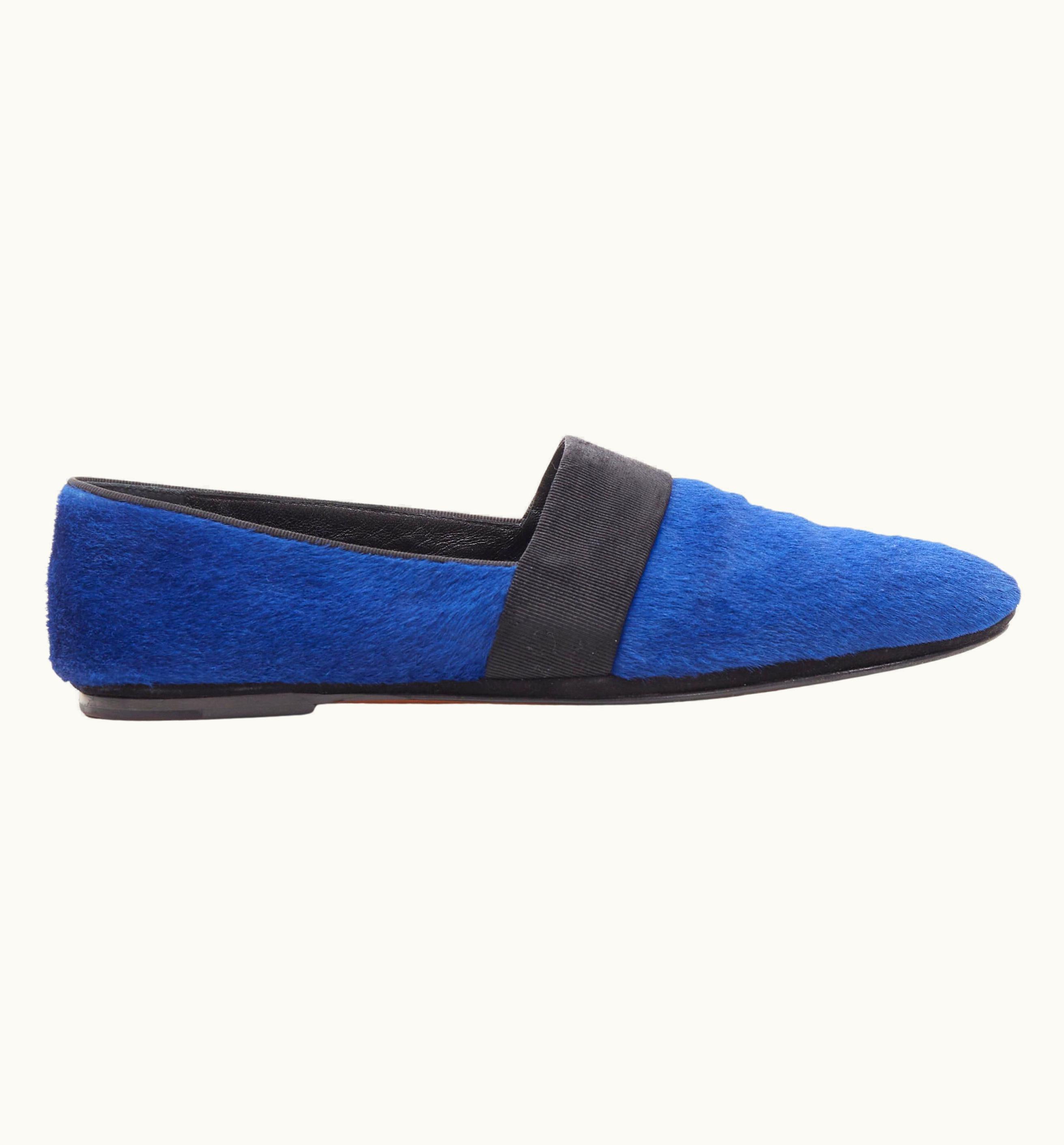 Celine Old Celine Phoebe Philo Blue Pony Hair Grosgrain Ribbon Slip On Flats