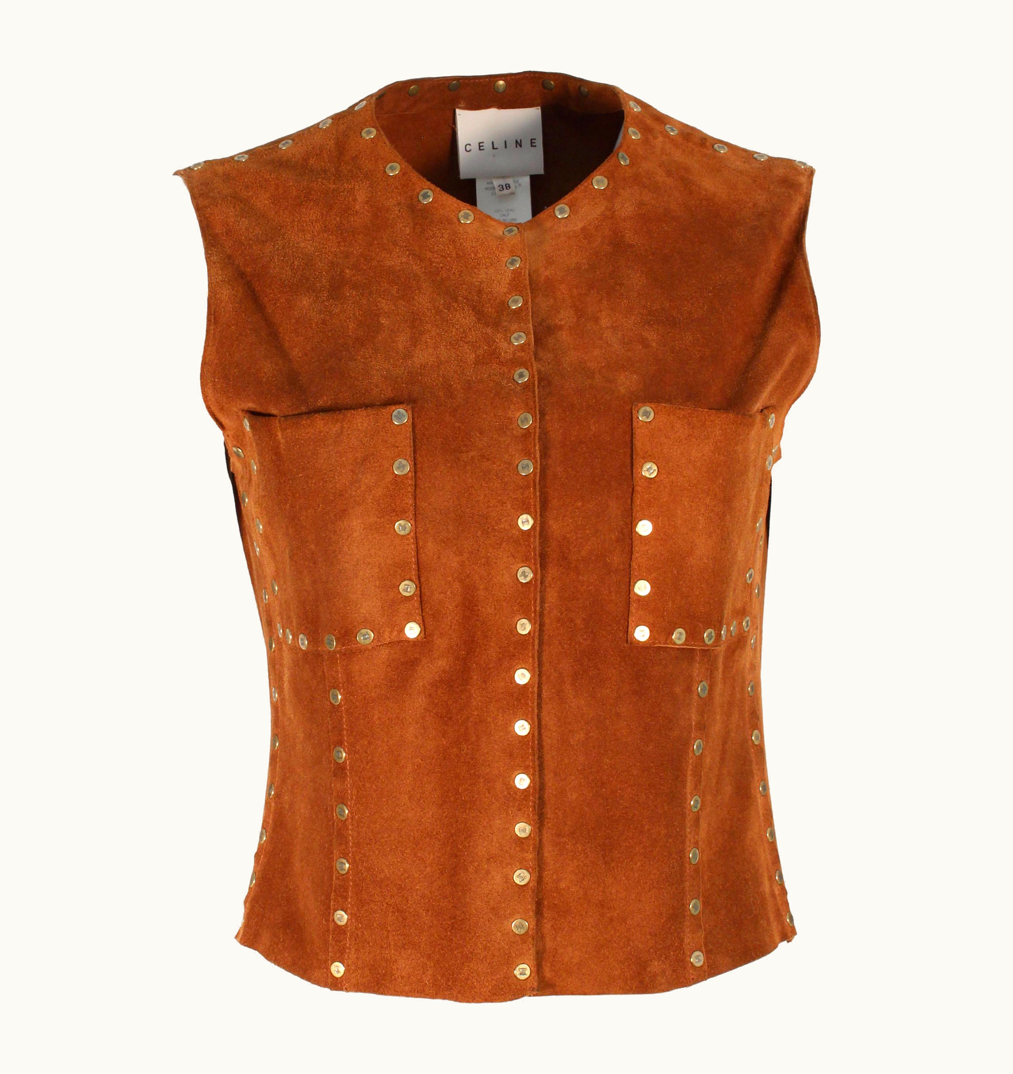 Celine Paris Vest Suede Leather With Logo Rivets Made In France
