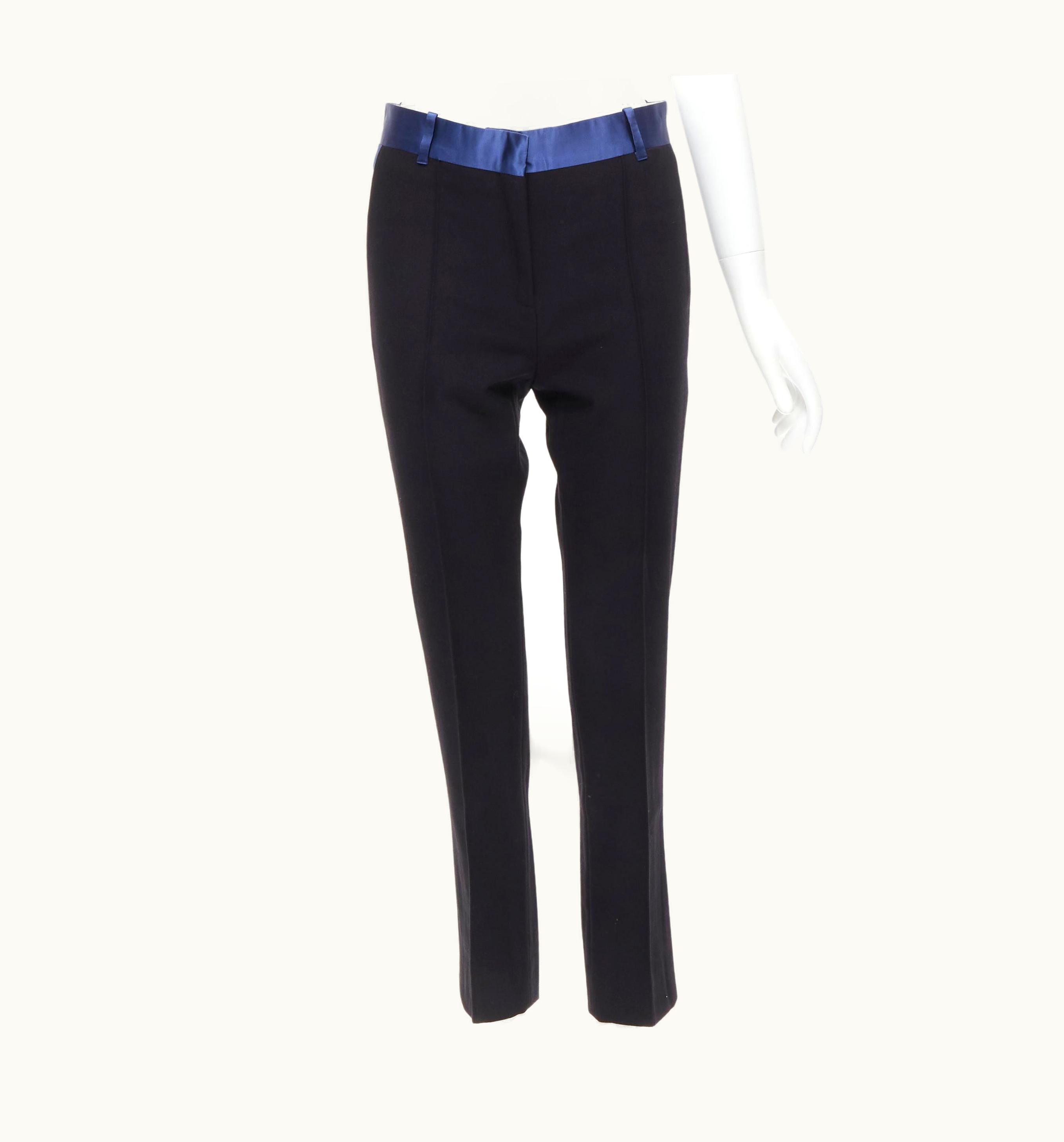Celine Old Celine Phoebe Philo Blue Silk Trimmed Black Wool Pleated Trousers