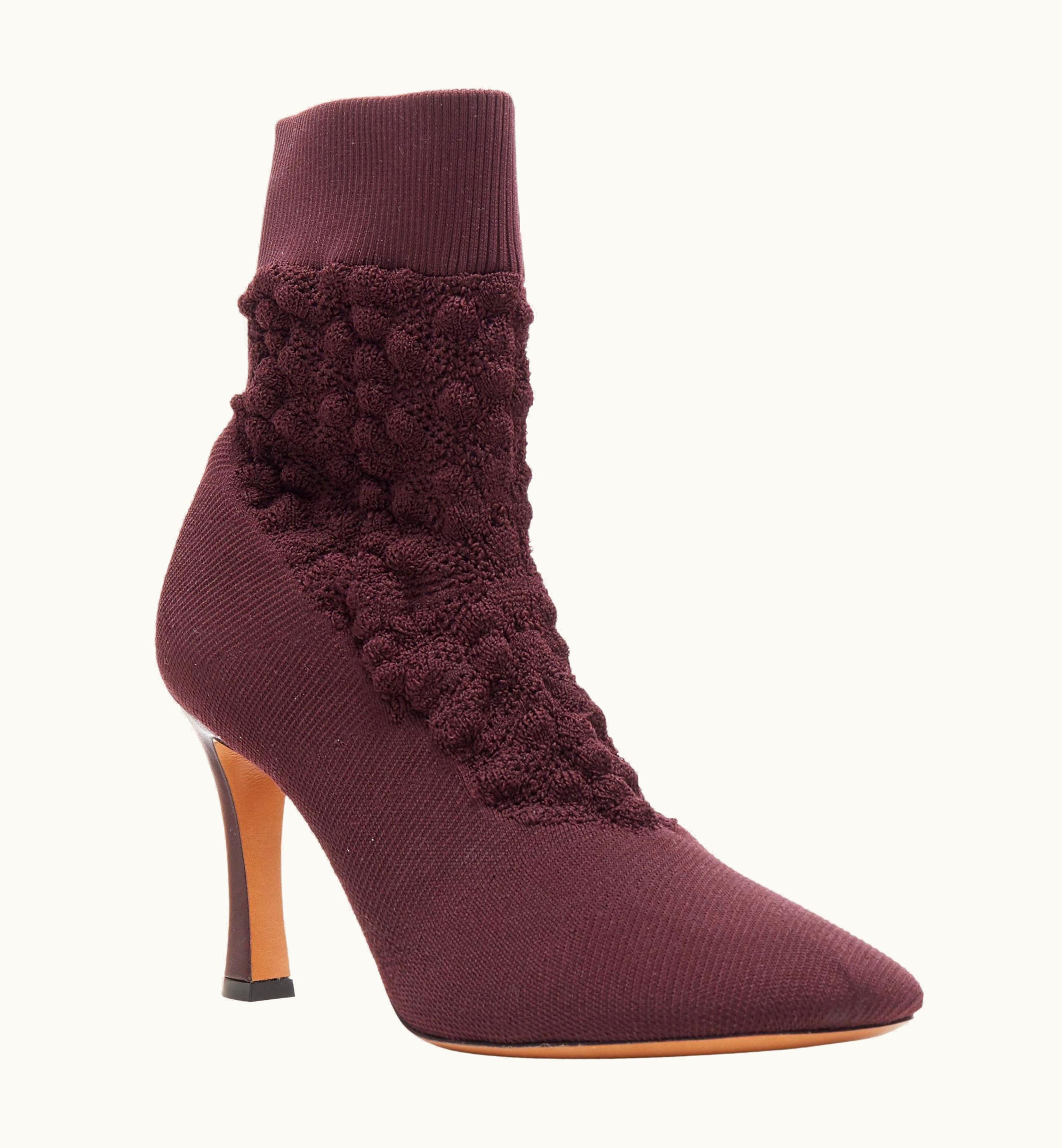 Celine Old Celine Glove Bootie Burgundy Textured Sock Knit Square Toe Boots