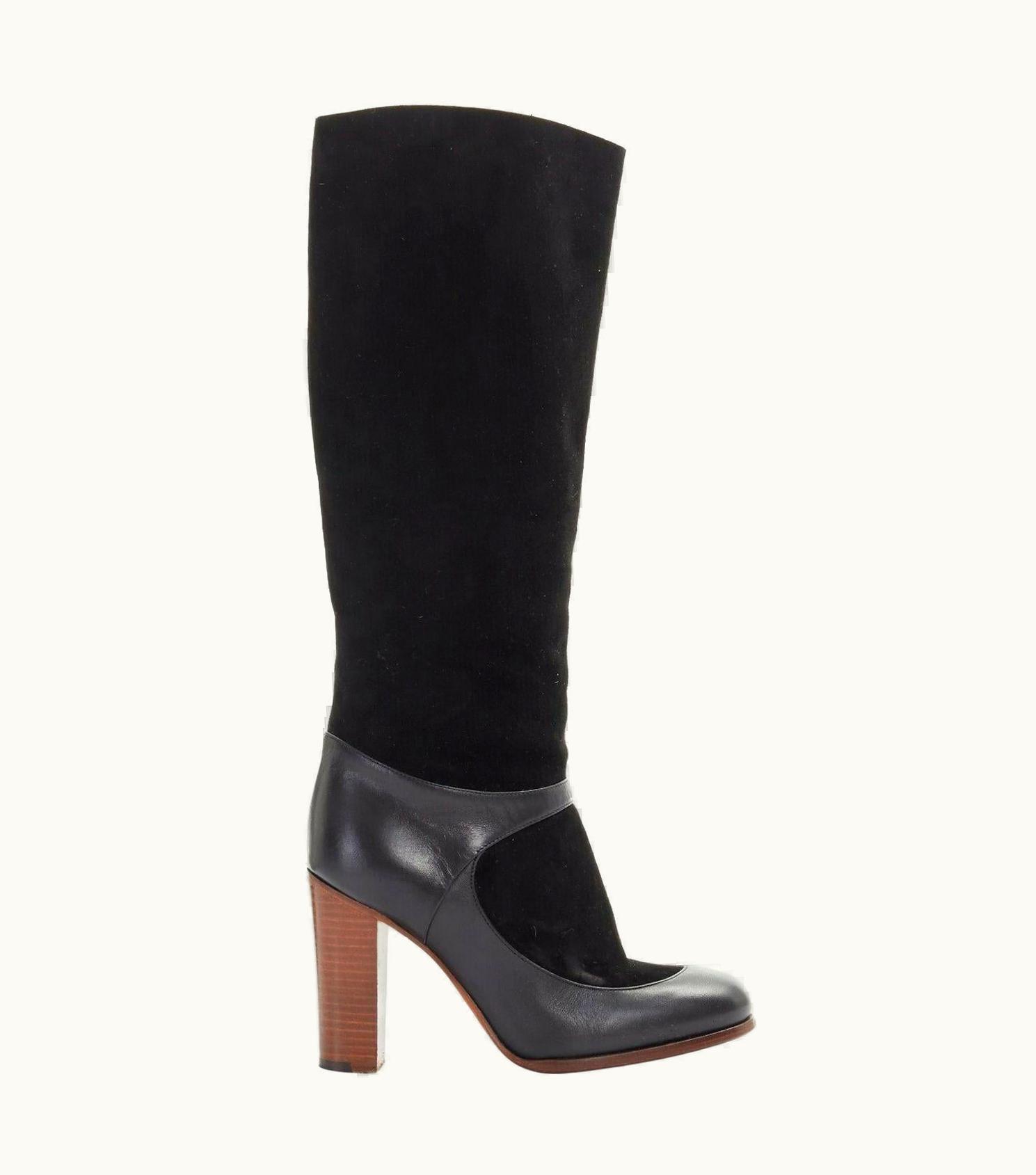 Celine Philo Black Suede Sock Ankle Strap Chunky Wooden Heel Tall Boot