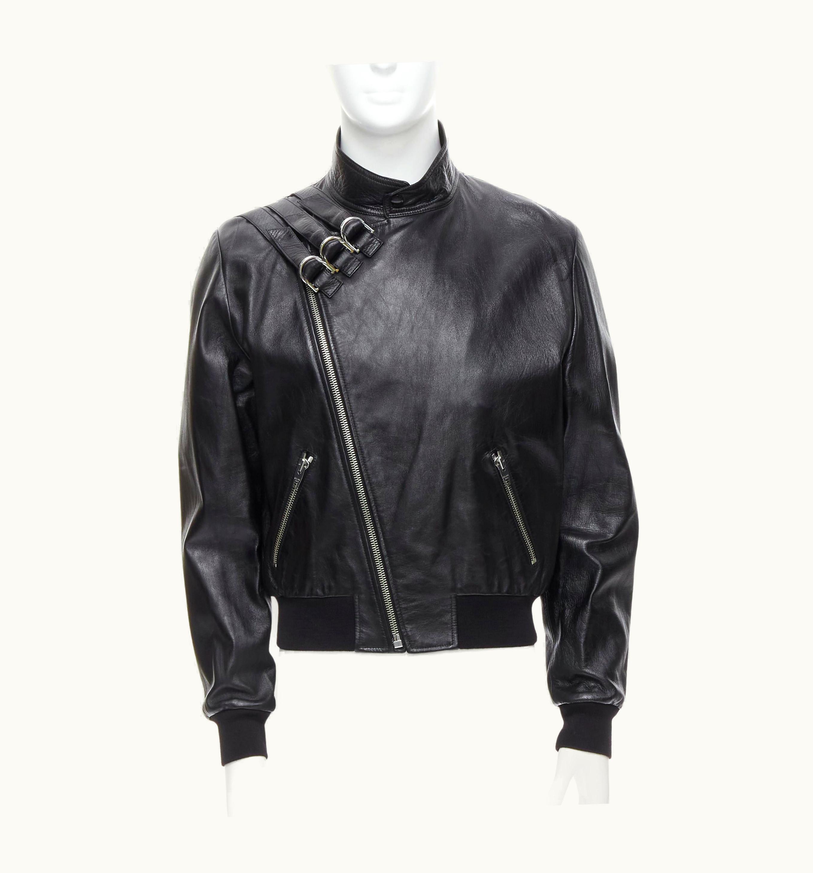 Celine Hedi Slimane 2019 Runway Black Lambskin Buckle Biker Jacket Xl