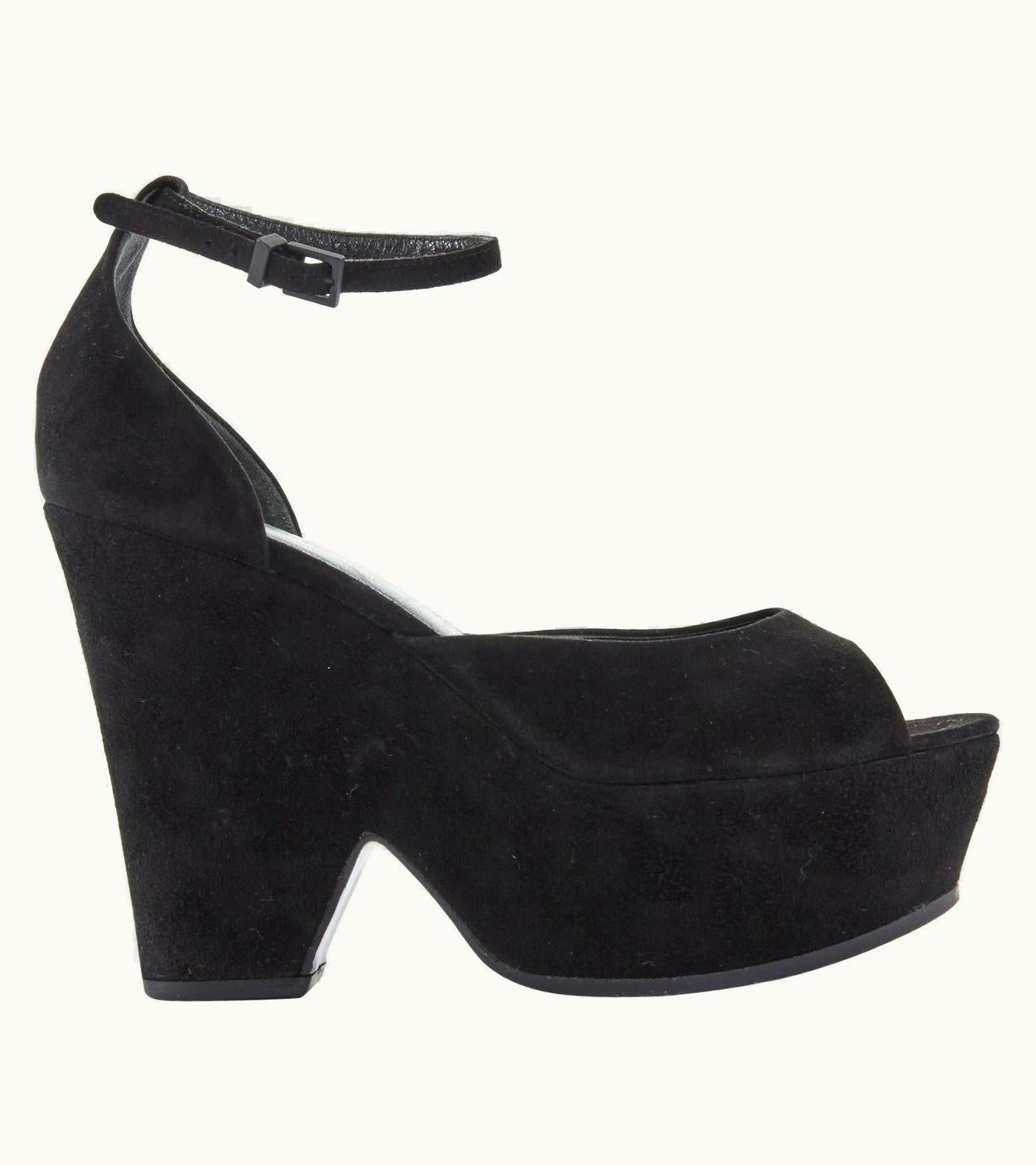 Celine Phoebe Philo Black Suede Cut Out Platform Wedge Ankle Cuff Heels
