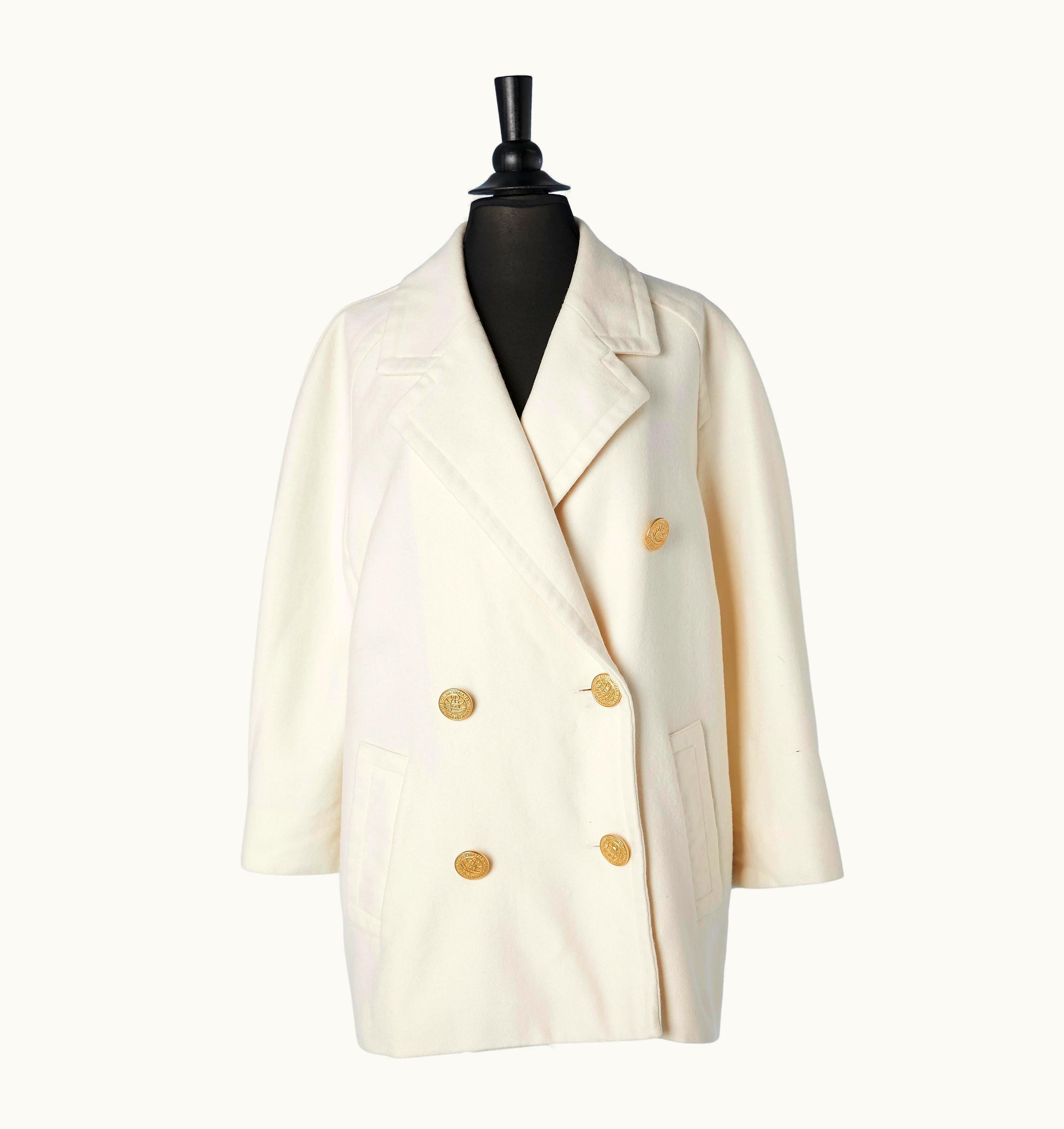 Celine Off-white Wool Double-breasted Jacket With Gold Metal Branded Buttons Céline
