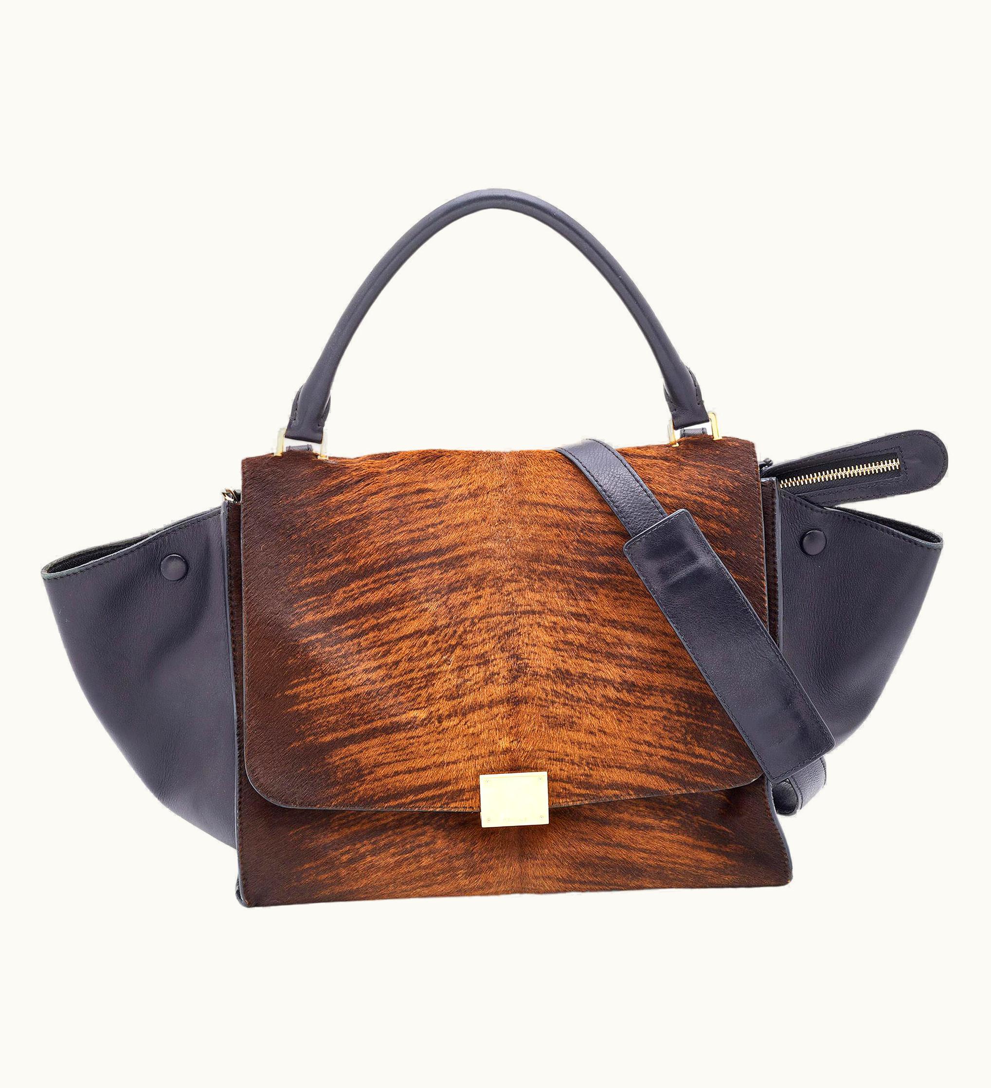 Celine Black/Brown Leather And Calf Hair Medium Trapeze Top Handle Bag
