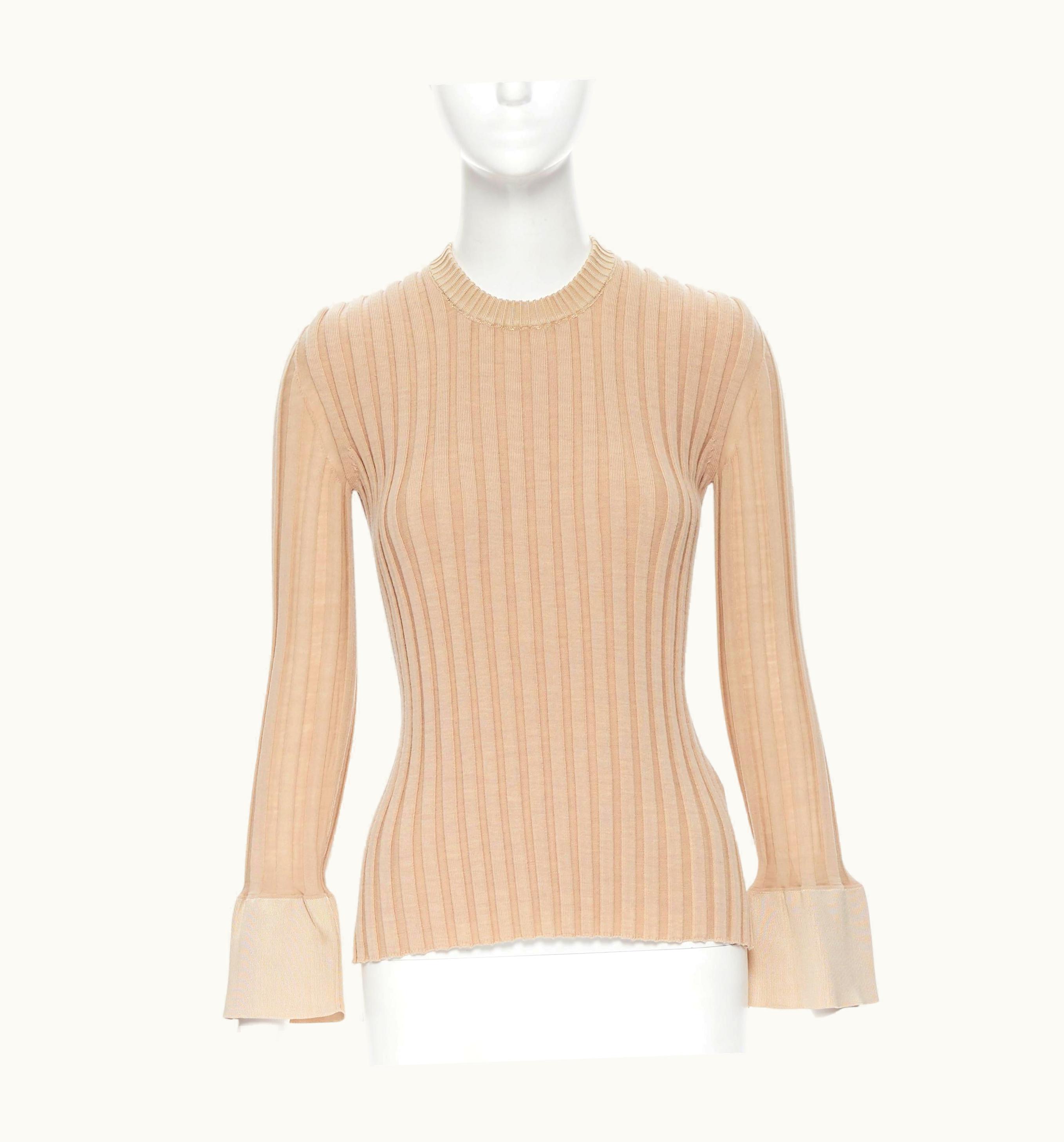 Celine Runway Old Celine Phoebe Philo Beige Ribbed Knit Flared Bell Cuff Sweater Top