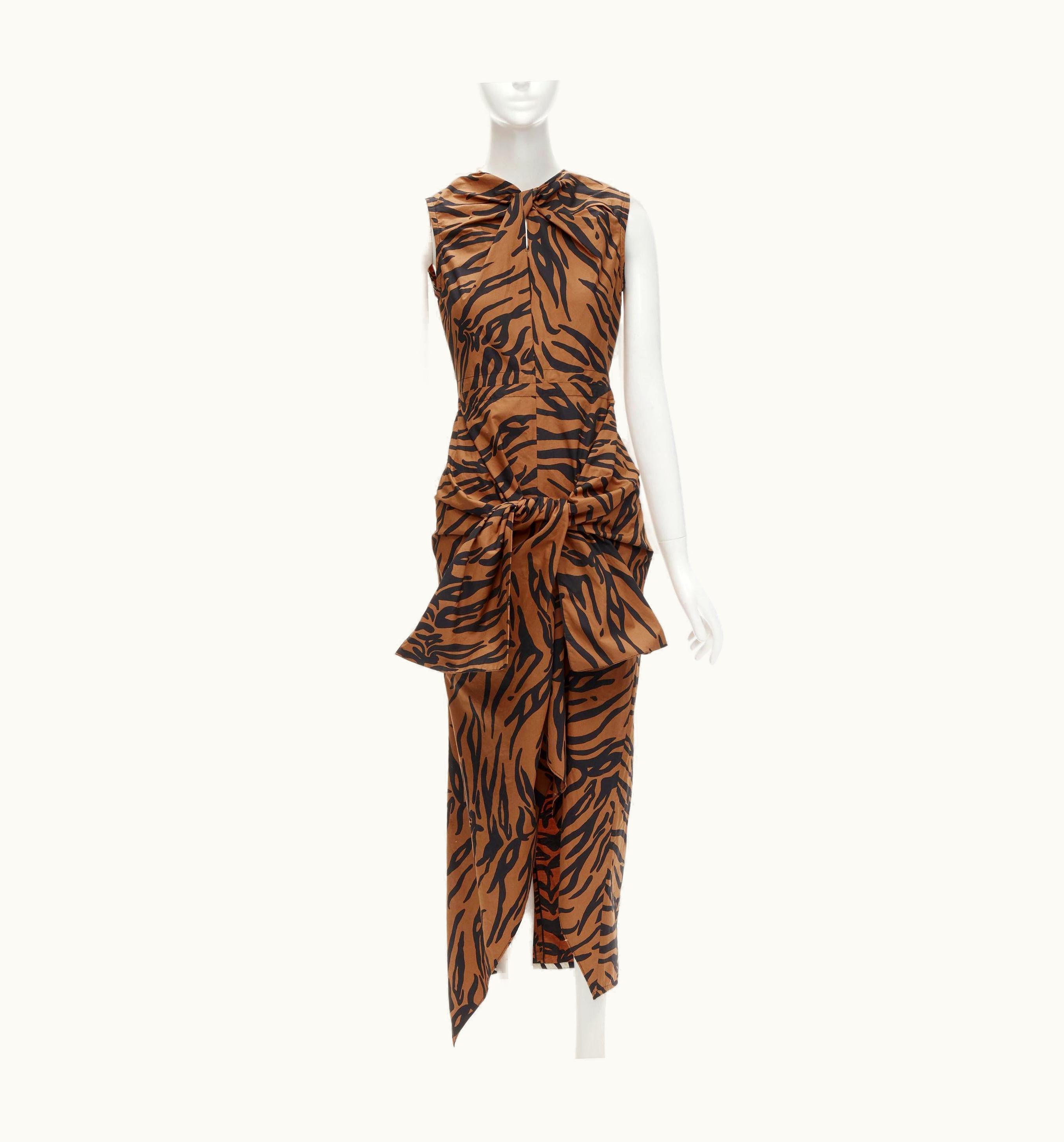 Celine Rare Old Celine Phoebe Philo 2016 Runway Brown Tiger Twist Bow Dress