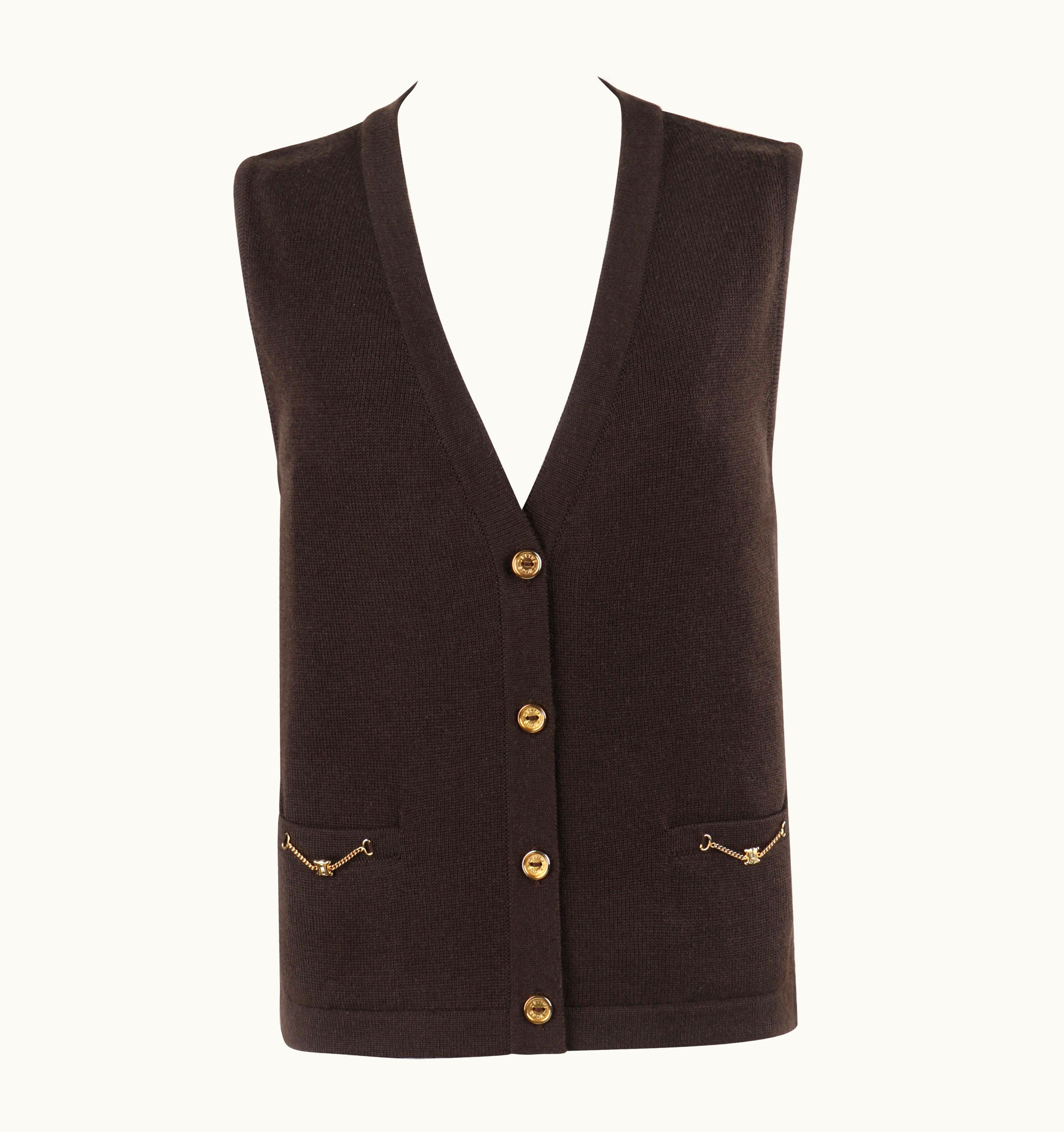Celine C.1990s Brown Gold Wool Button-Up V-Neck Sleeveless Sweater Vest Top
