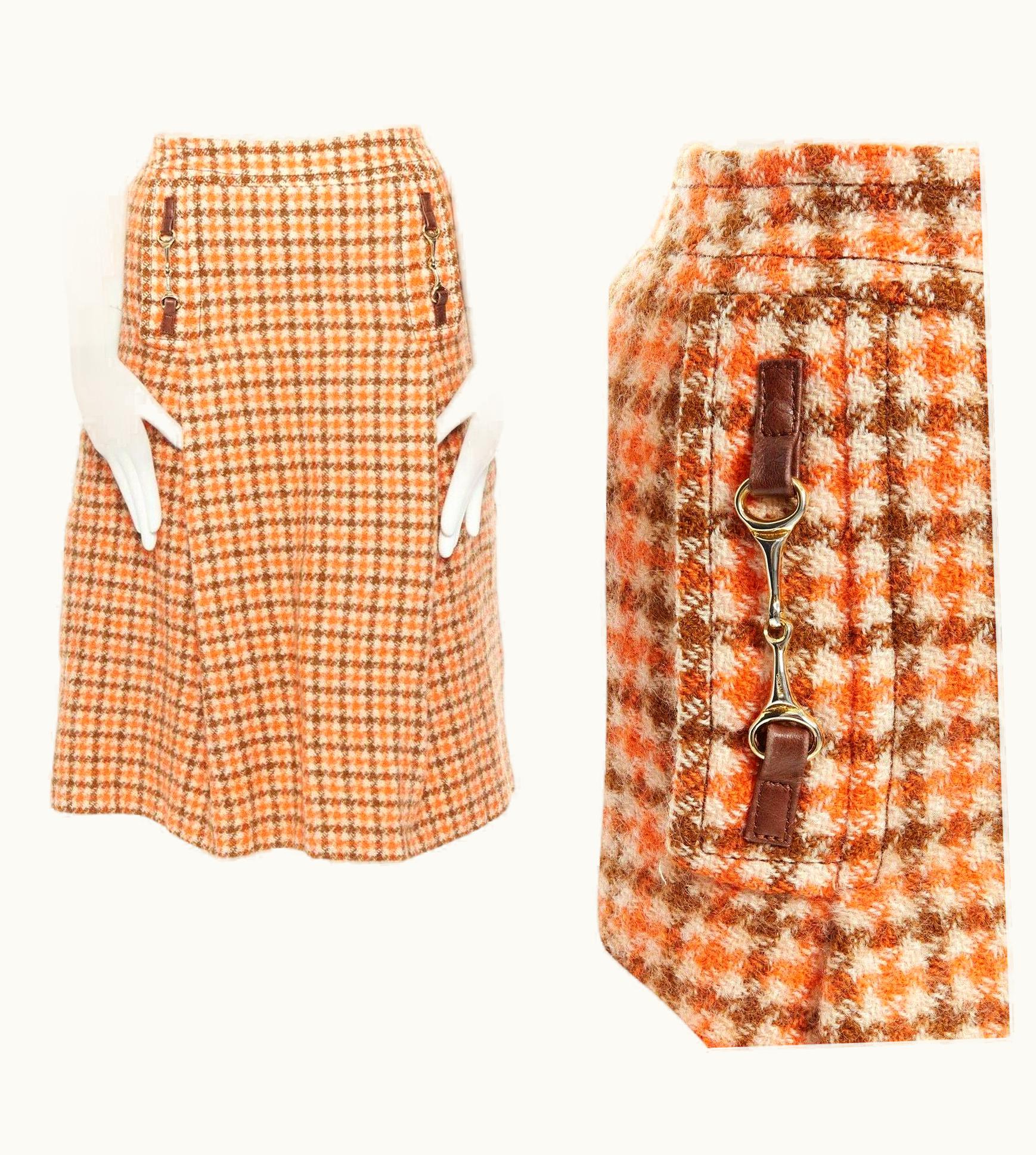 Celine Vintage 80' Orange Check Pleat Skirt Leather Horse Bit Cuff Xxl