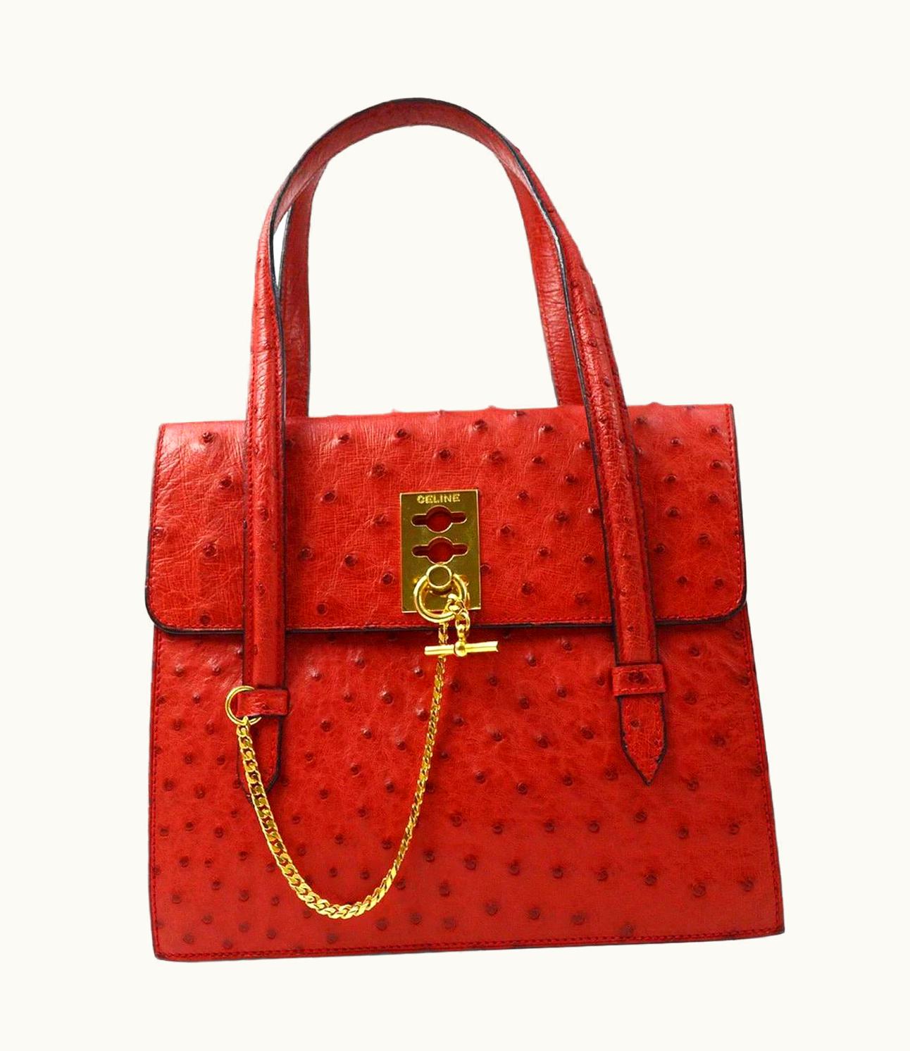 Celine Red Exotic Skin Leather Gold Chain Kelly Top Handle Satchel Flap Bag