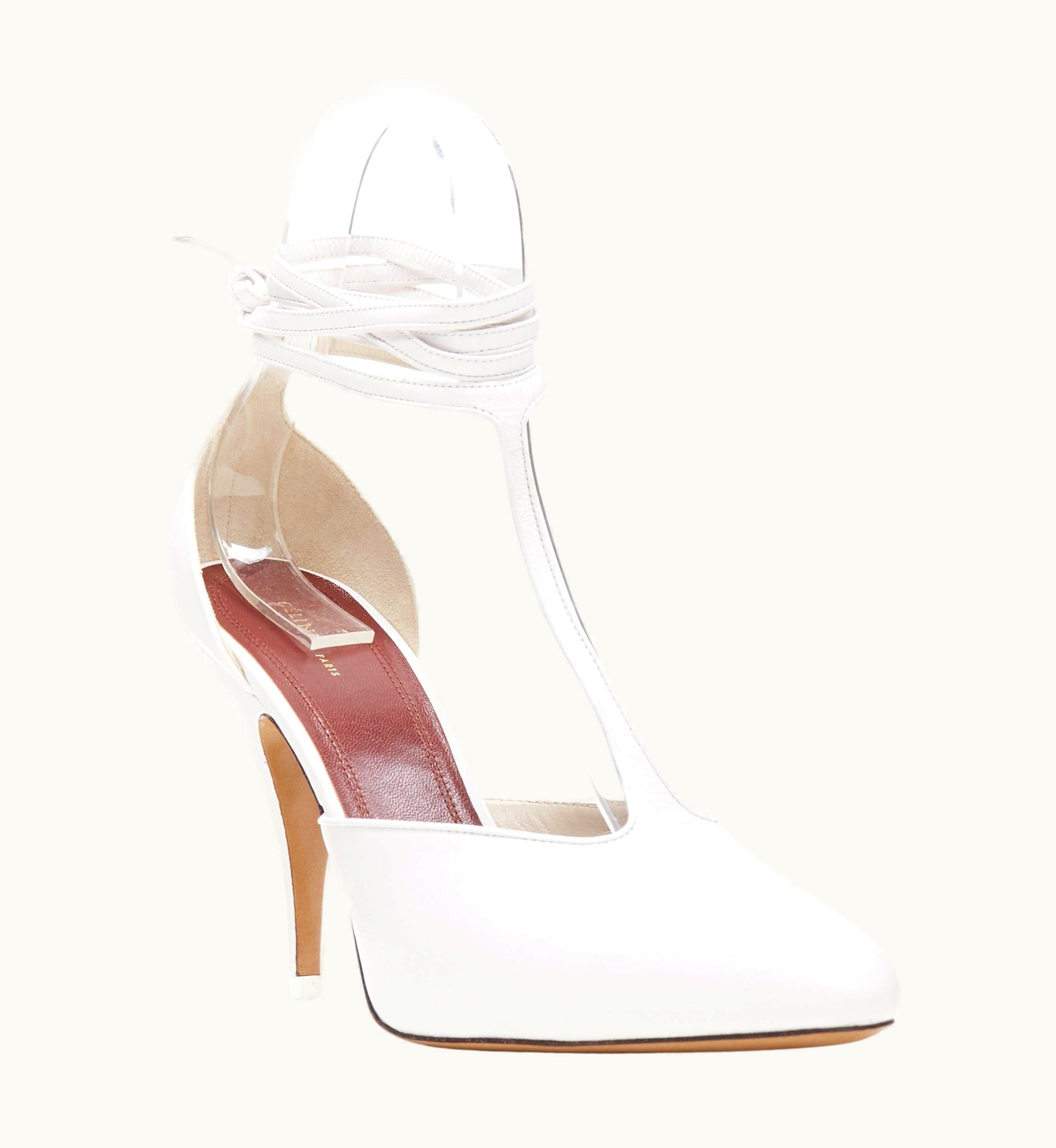 Celine Old Celine 2018 Night Out White Wrap Around Ankle T-strap Heel Pump