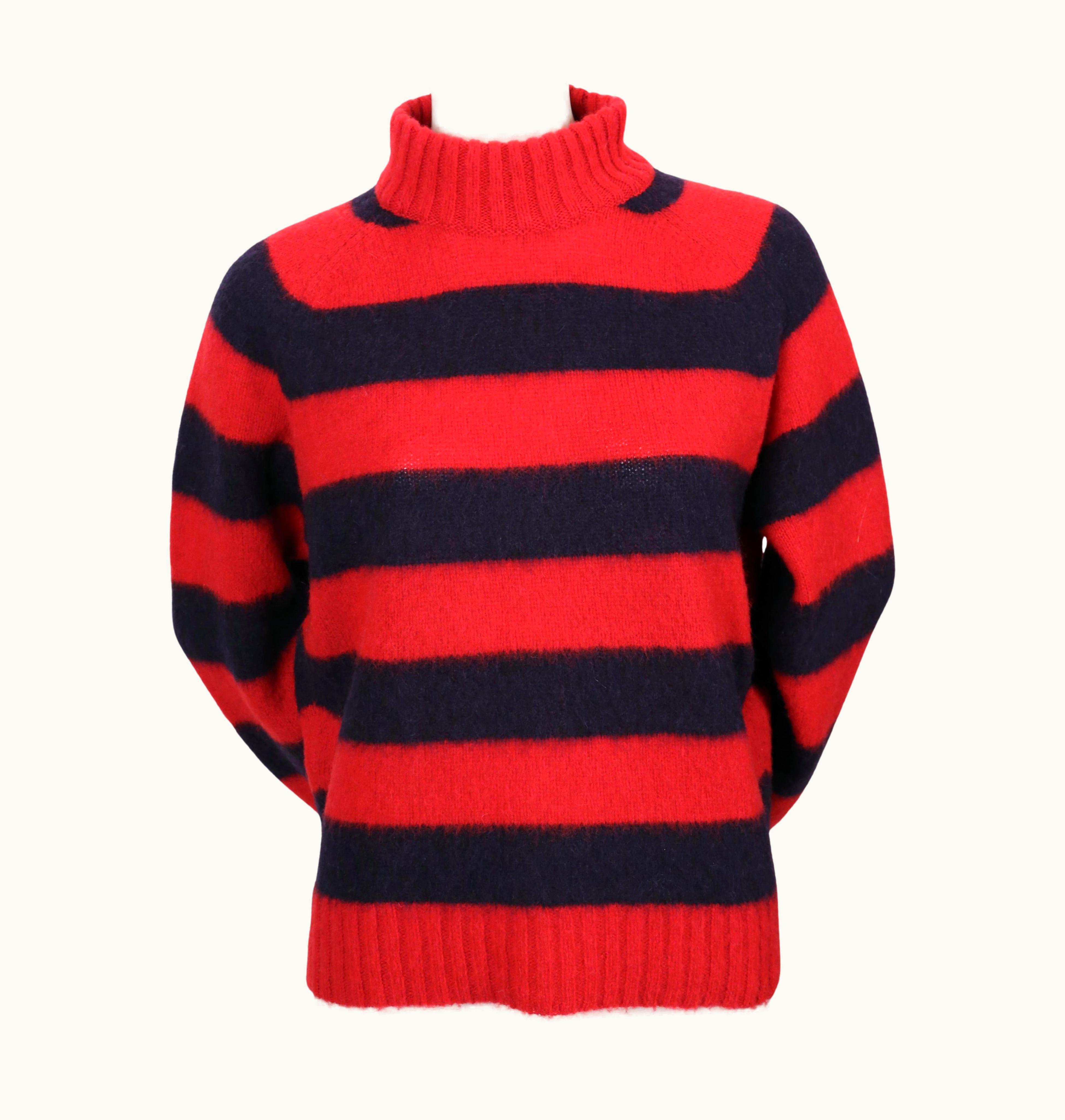 Celine By Hedi Slimane Navy And Red Brushed Wool Sweater