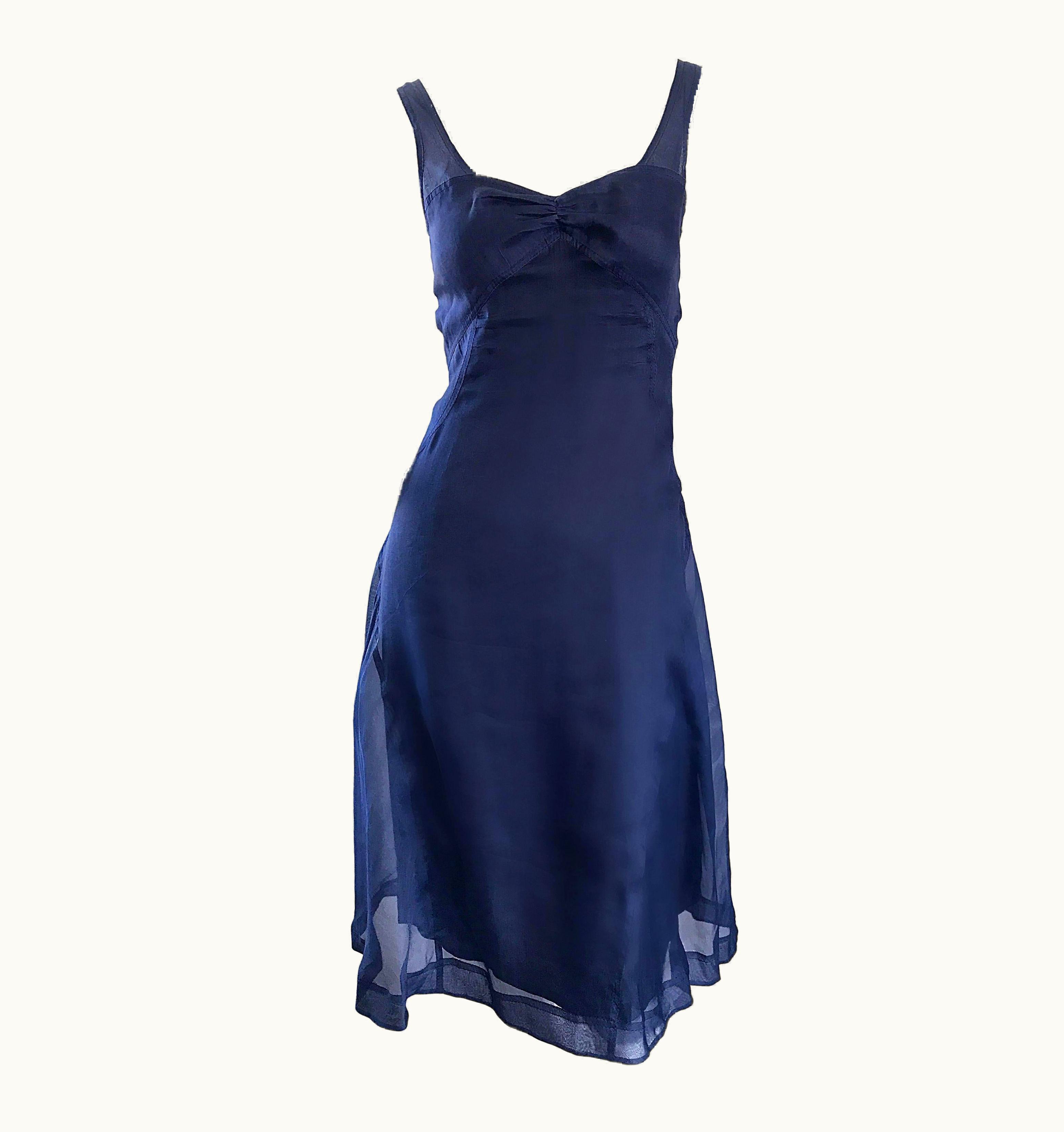 Celine 1990s Celine Navy Blue Silk Chiffon Sleeveless Overlay Sweetheart Vintage Dress
