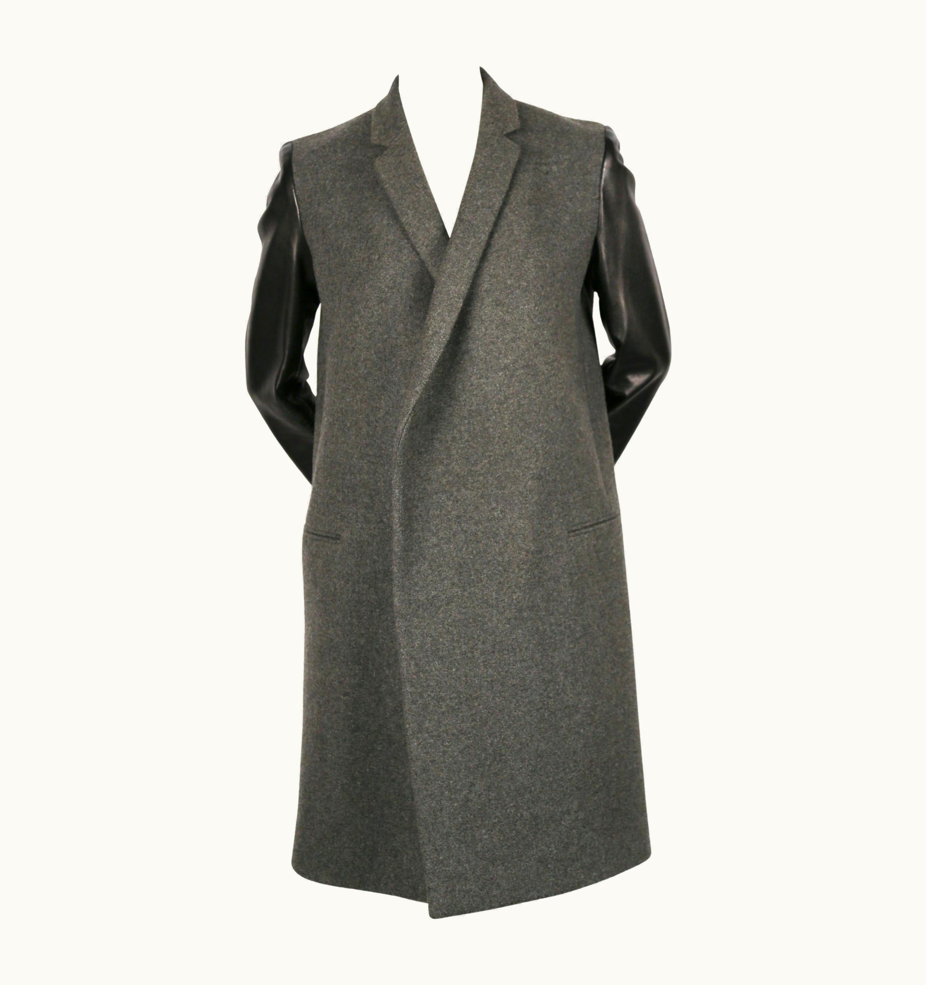 Celine By Phoebe Philo Charcoal Grey Black Leather Sleeve Crombie Coat