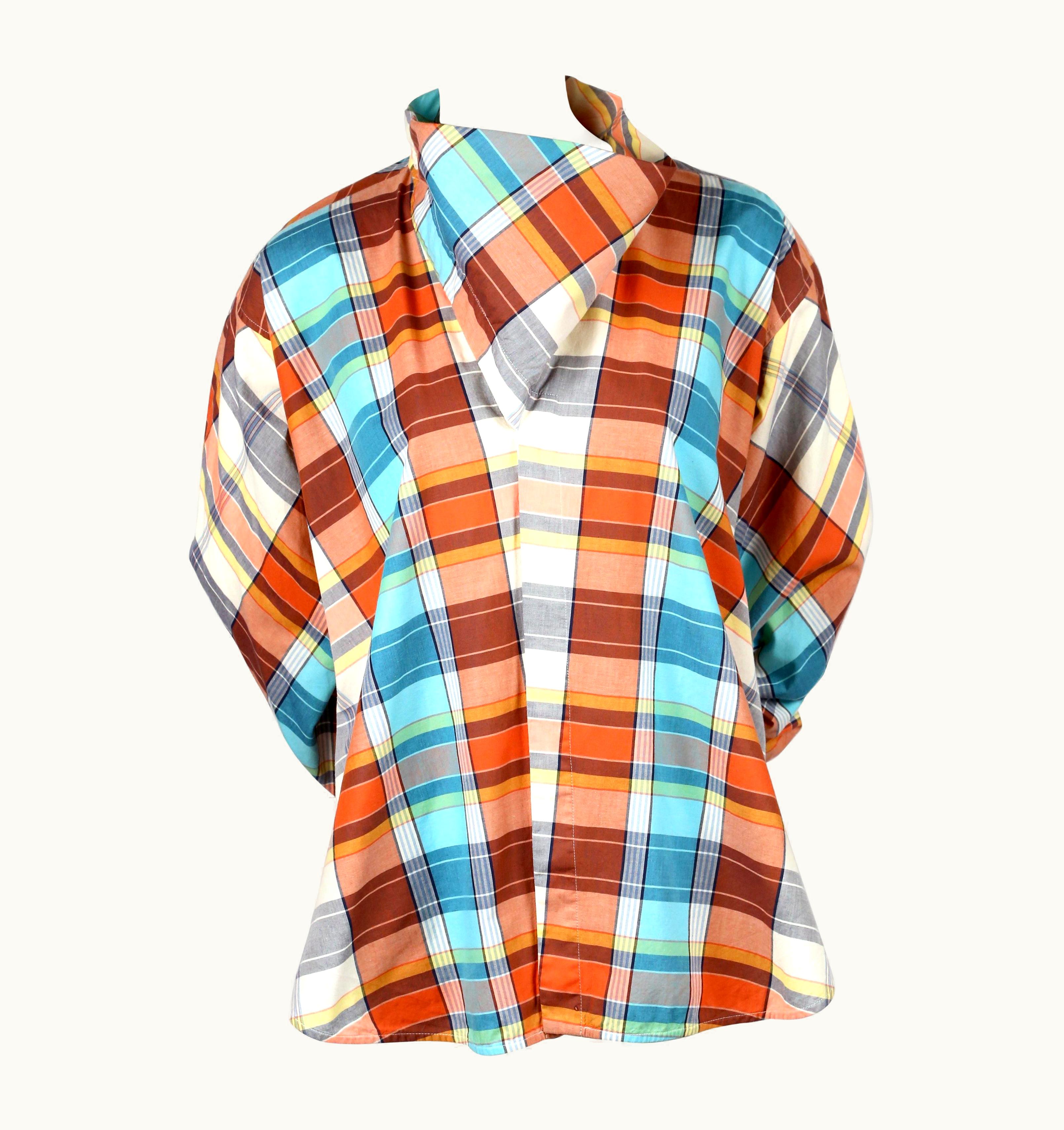 Celine 2013 Celine By Phoebe Philo Plaid Cotton Runway Top With Draped Neck