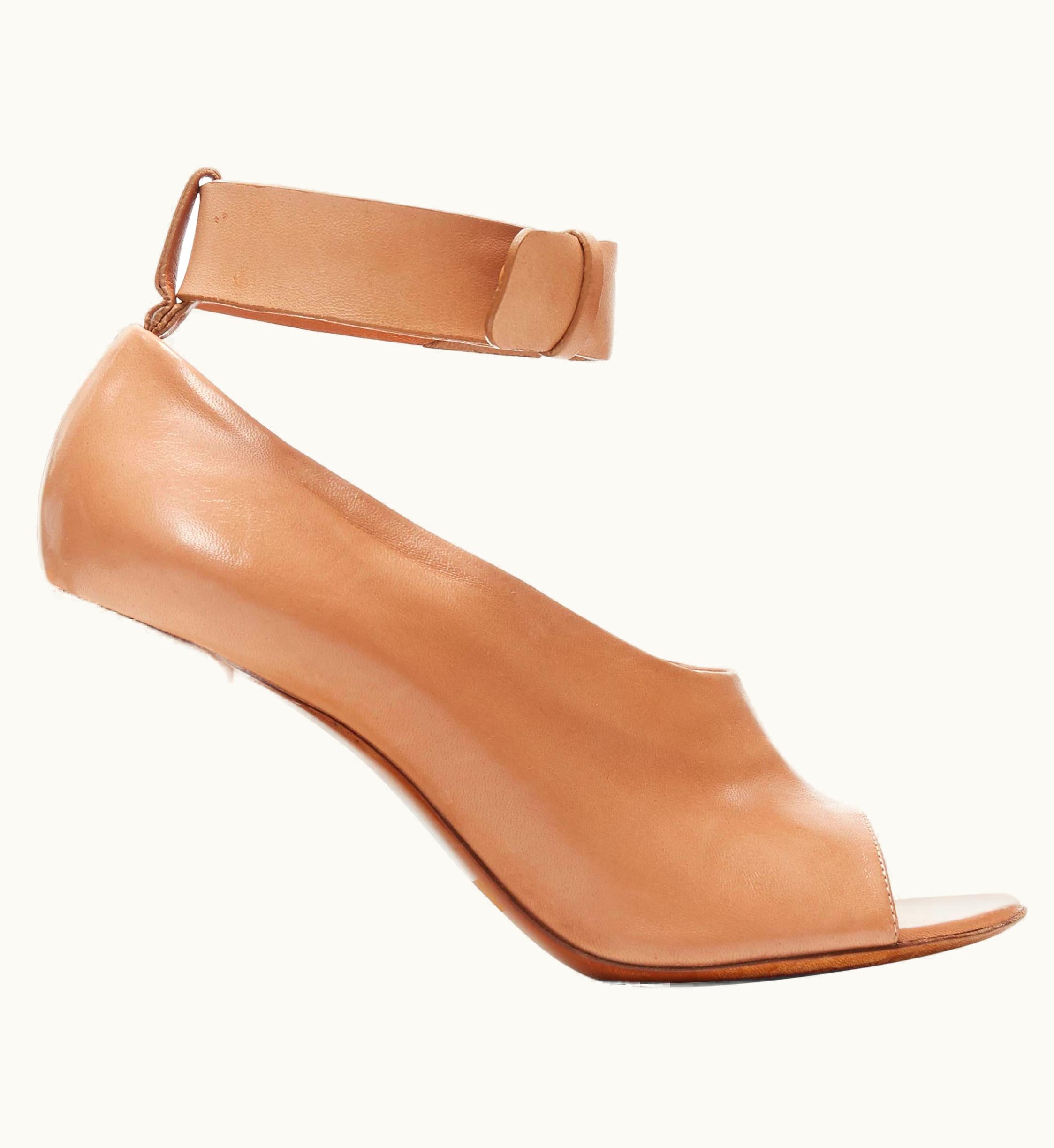Celine Phoebe Philo Tan Brown Leather Open Toe Silver Metal Glove Heel