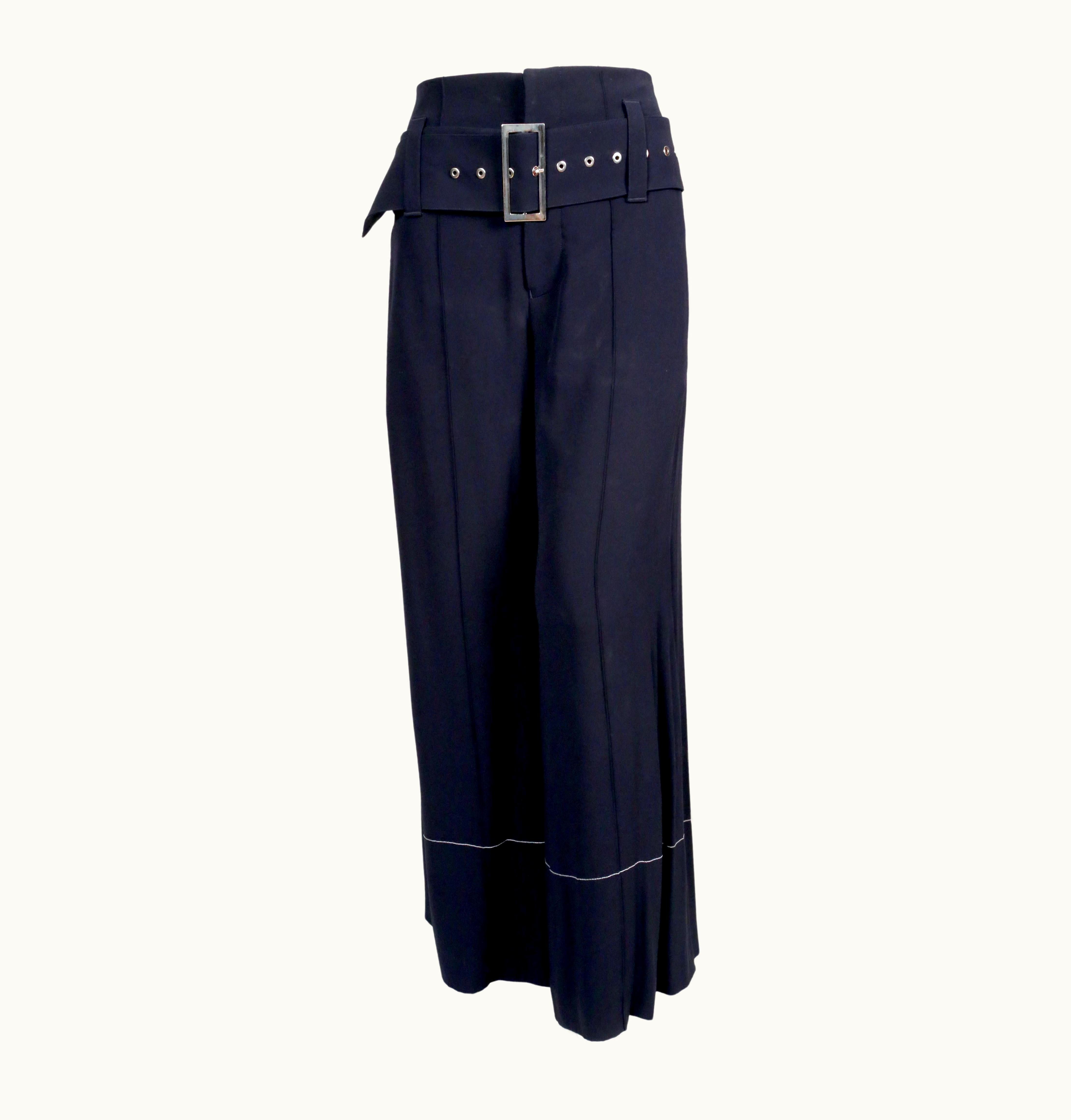 Celine By Phoebe Philo Navy Blue Pants With Wide Belt And Contrast Topstitching