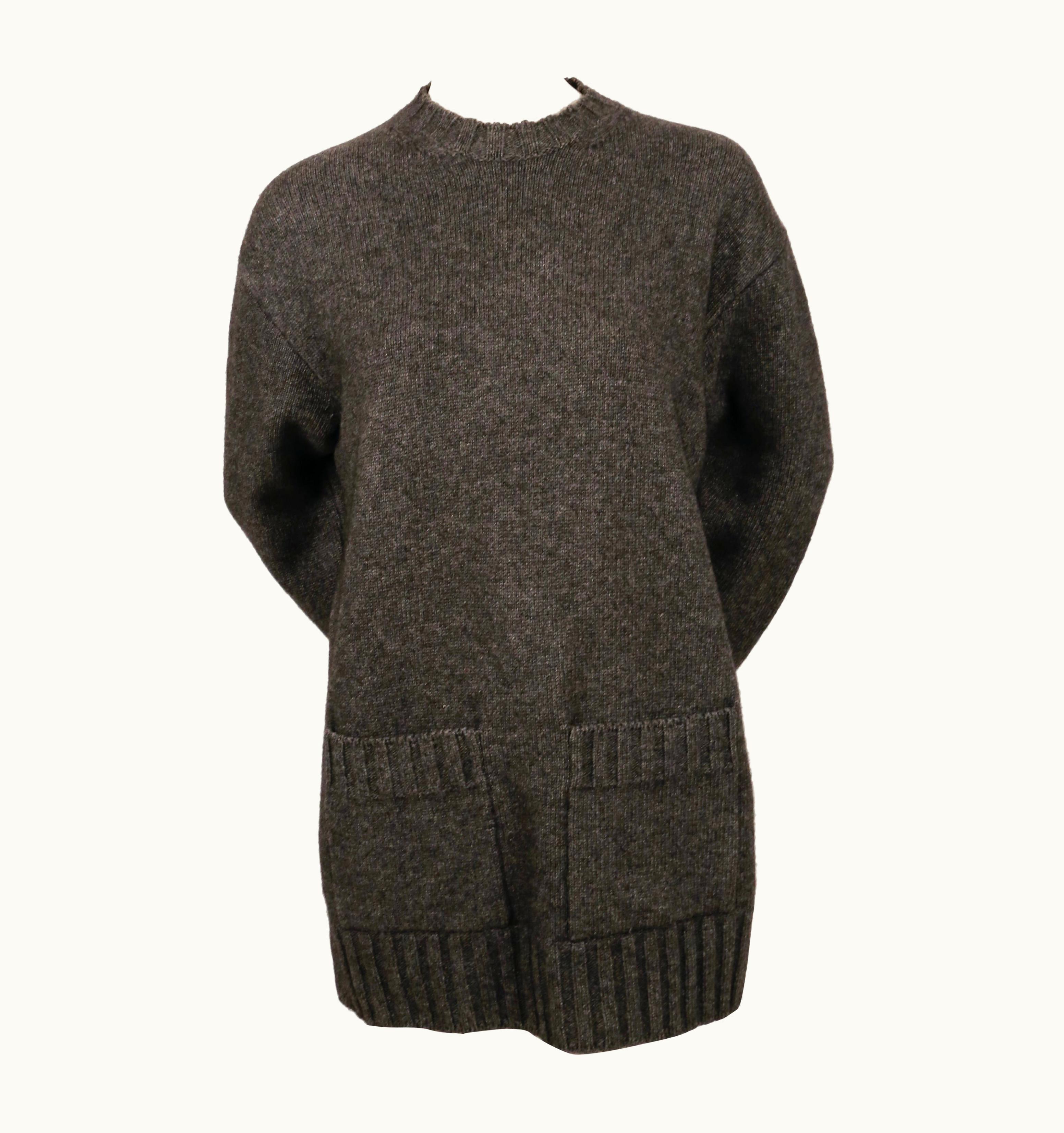 Celine By Phoebe Philo Marled Dark Grey Sweater With Patch Pocket And Split Side