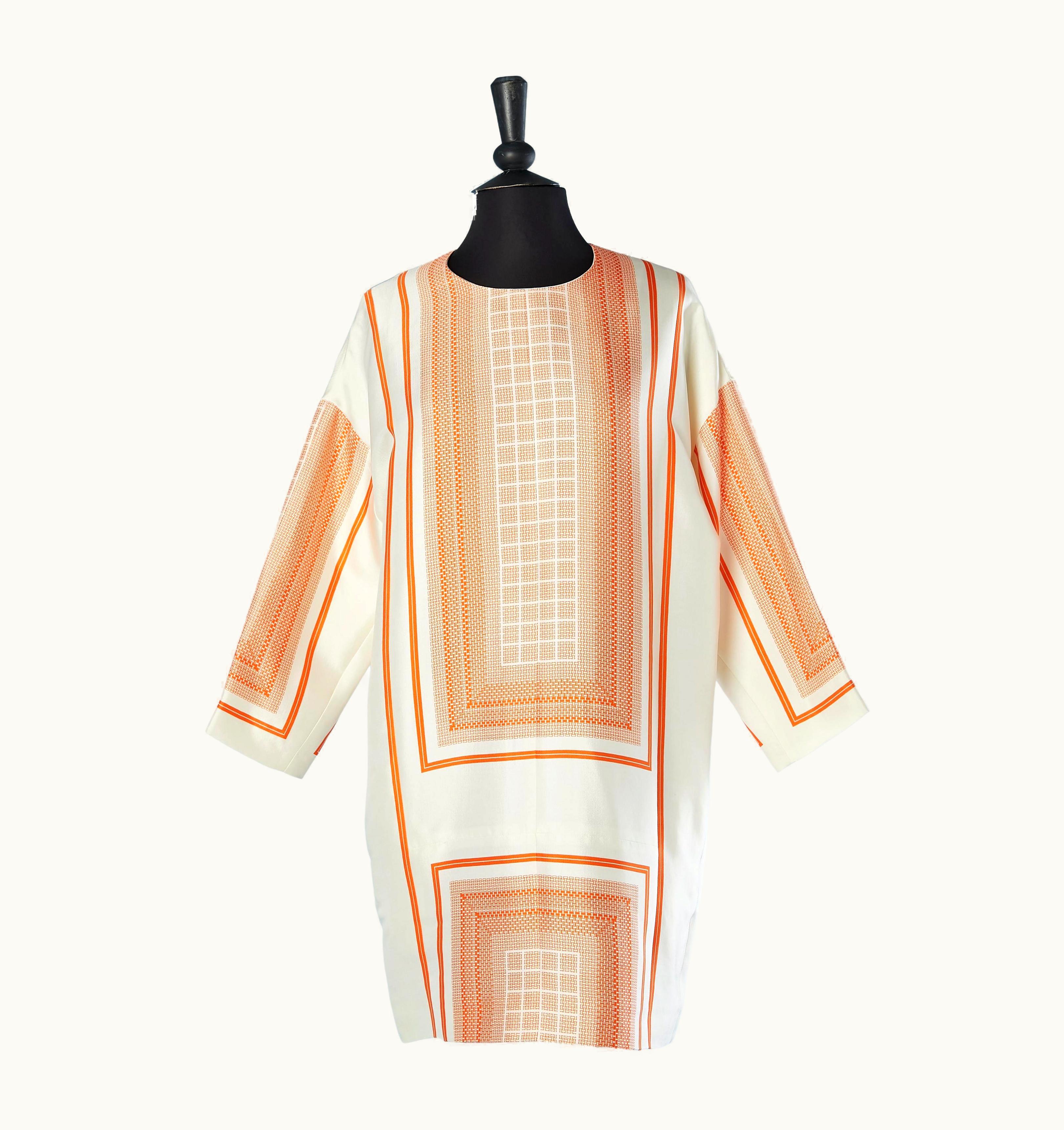 Celine Silk And Wool Ivory Dress With Orange Graphic Print Céline Par Phoebe Philo