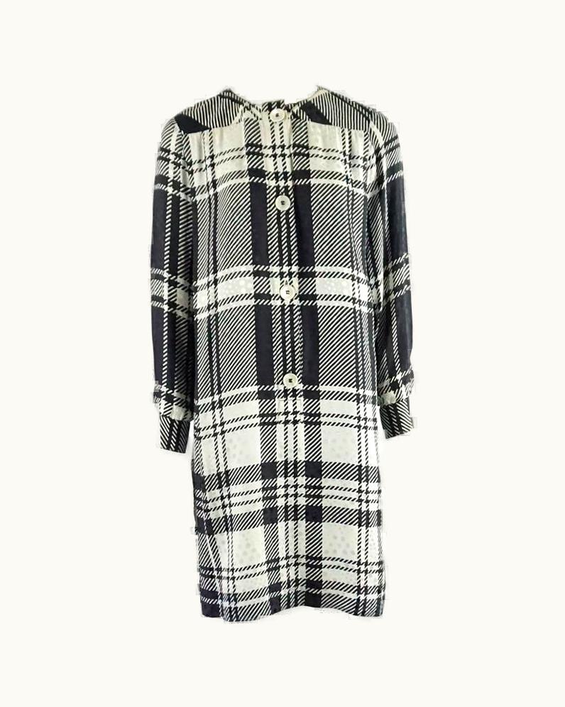 Celine Black And White Window Pane Print Silk Shirt Dress - - 1980'