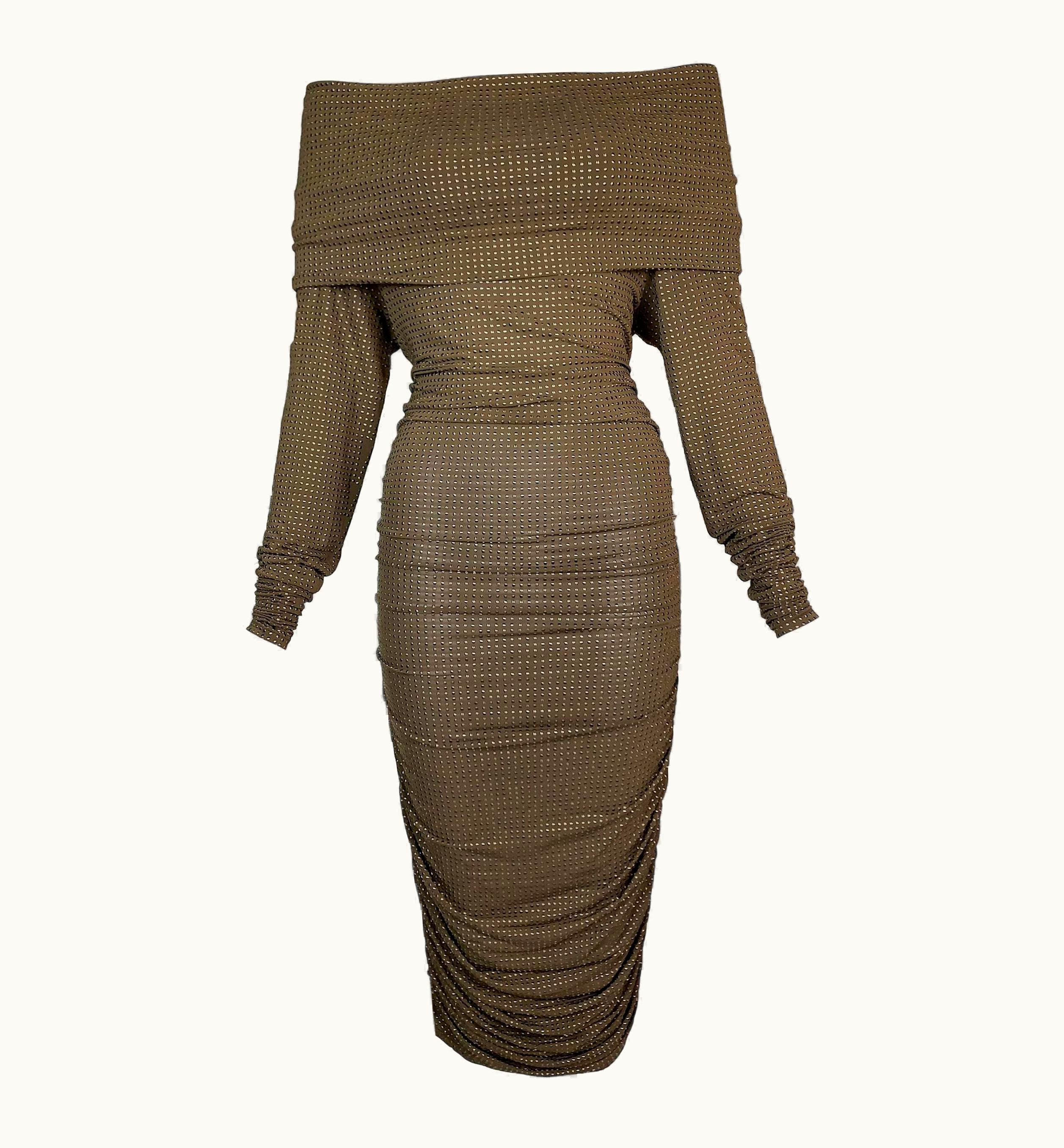 Celine 2000' Celine Michael Kors Gold Studded Brown Off Shoulder Ruched Wiggle Dress