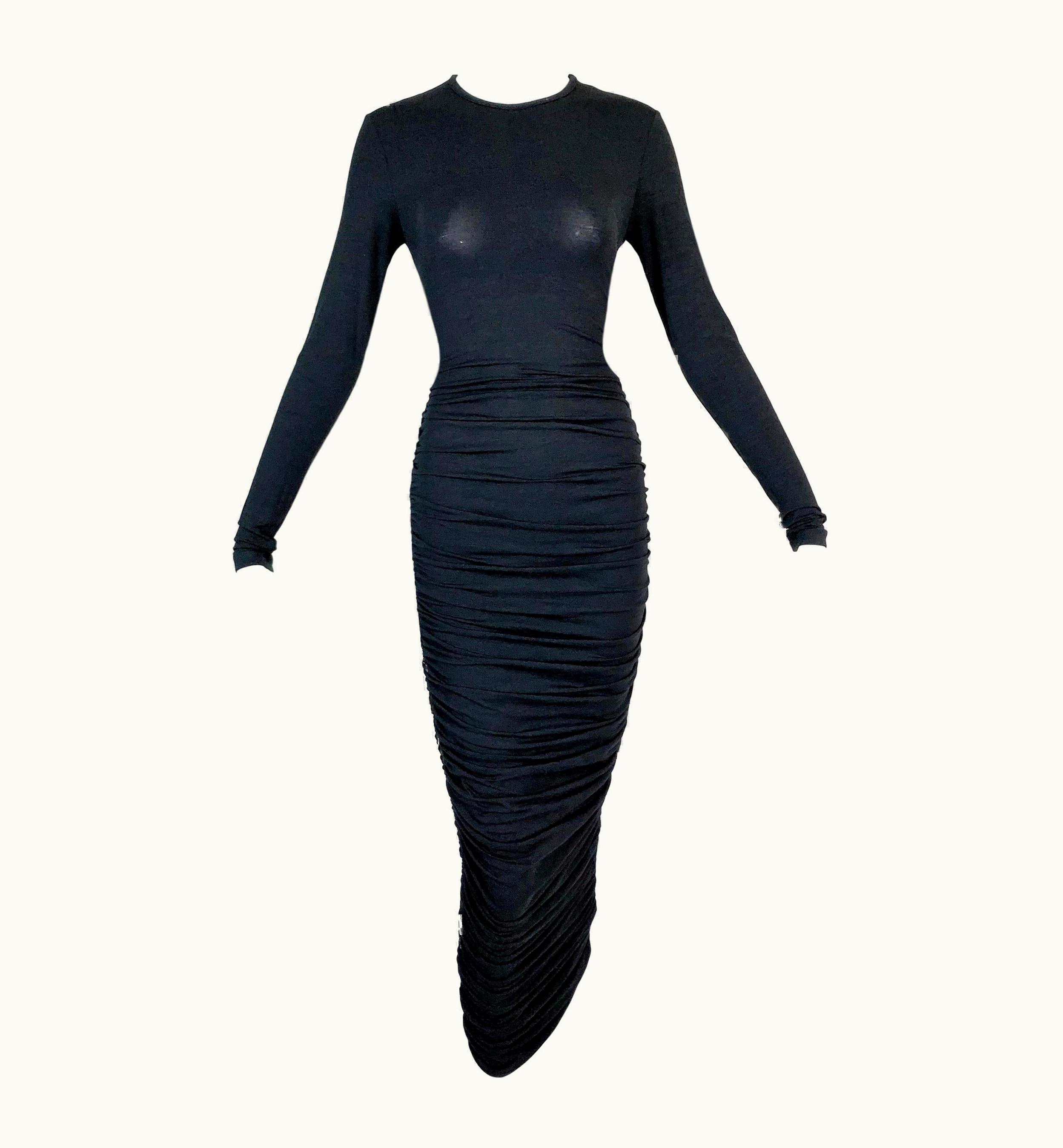 Celine Nwt 2000' Celine By Michael Kors Semi-Sheer Black Ruched Long Wiggle Dress
