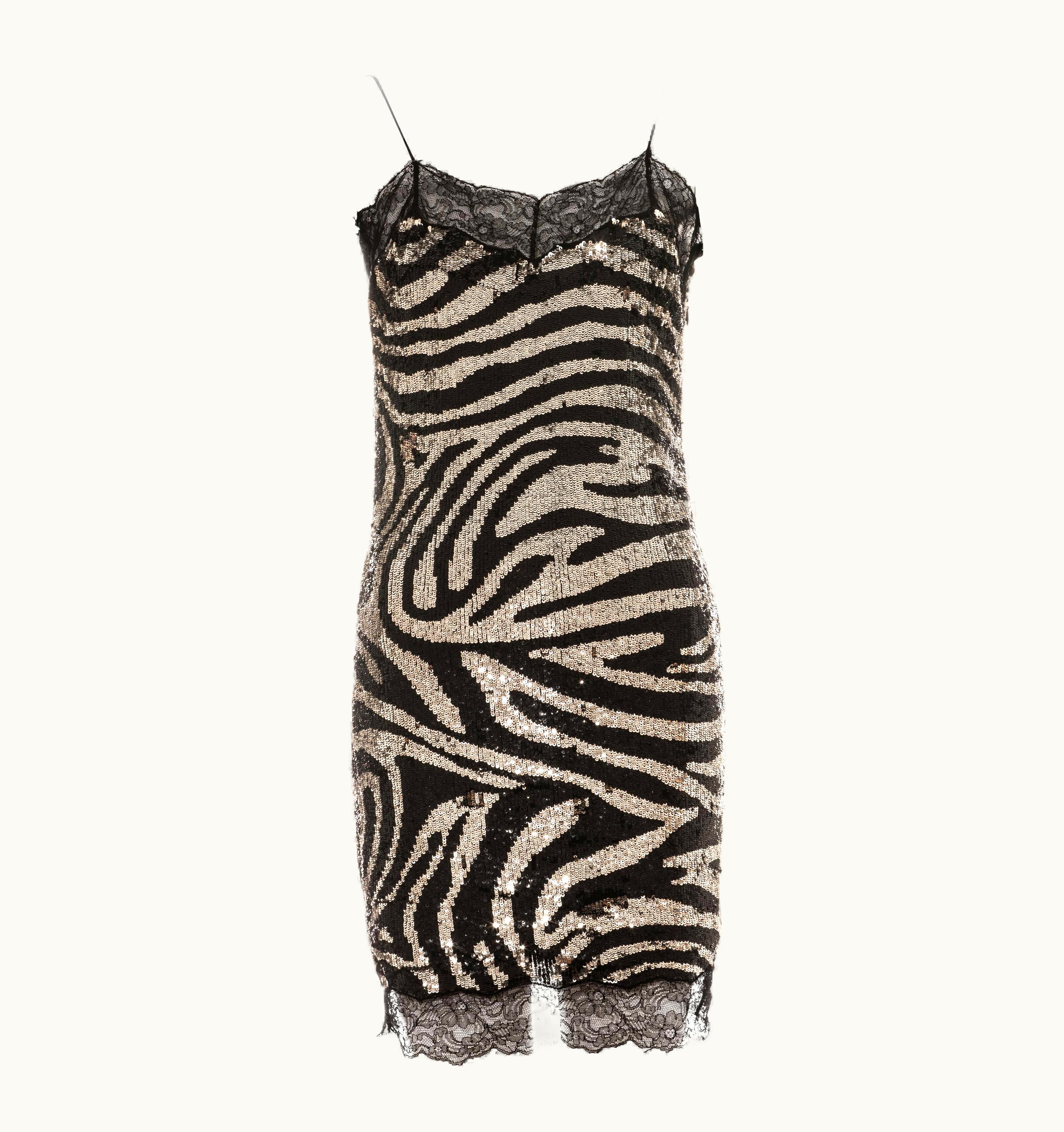 Celine Silver Zebra Patterned Sequin And Lace Slip Dress, AW 2003