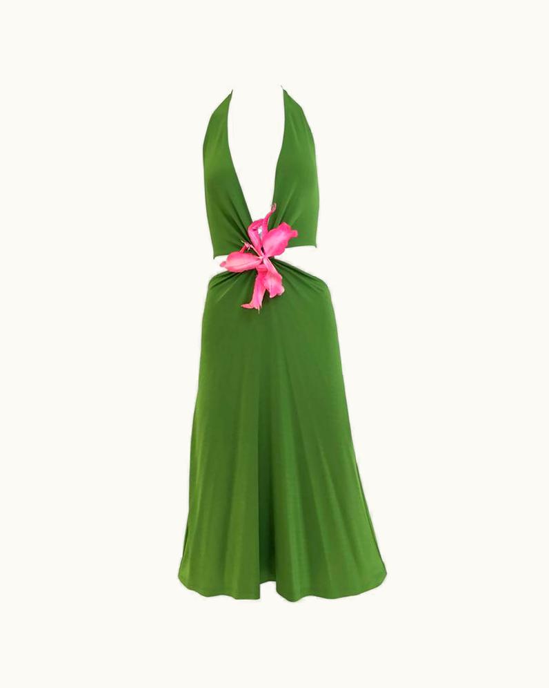 Celine 2004 Celine By Michael Kors Lime Green V Neck Jersey Dress
