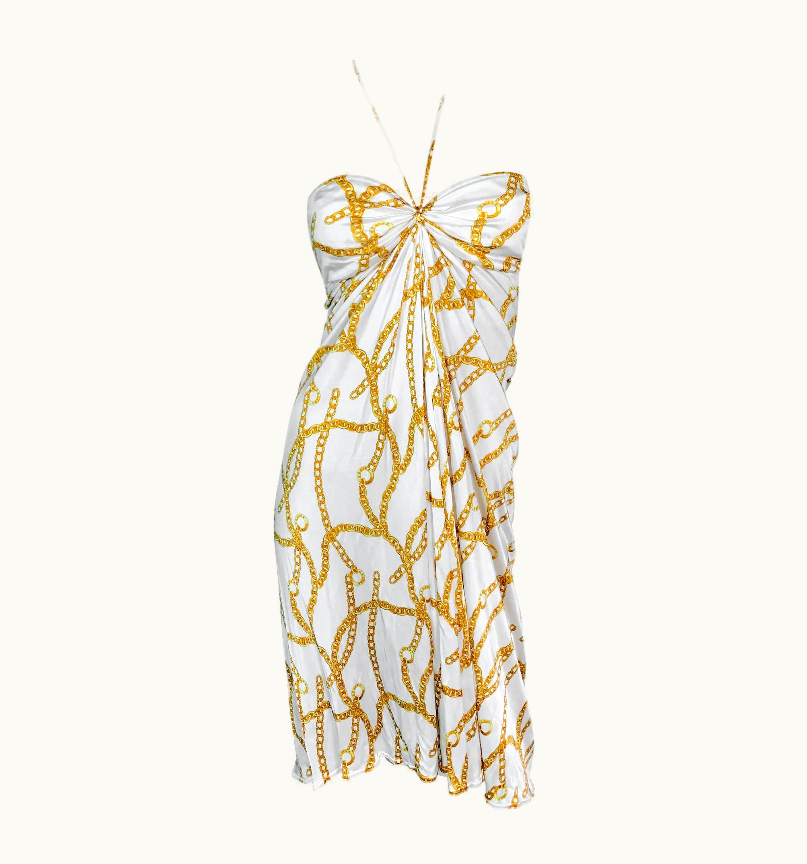 Celine S/S 2004 Celine By Michael Kors White & Gold Chain & Logo Print Dress