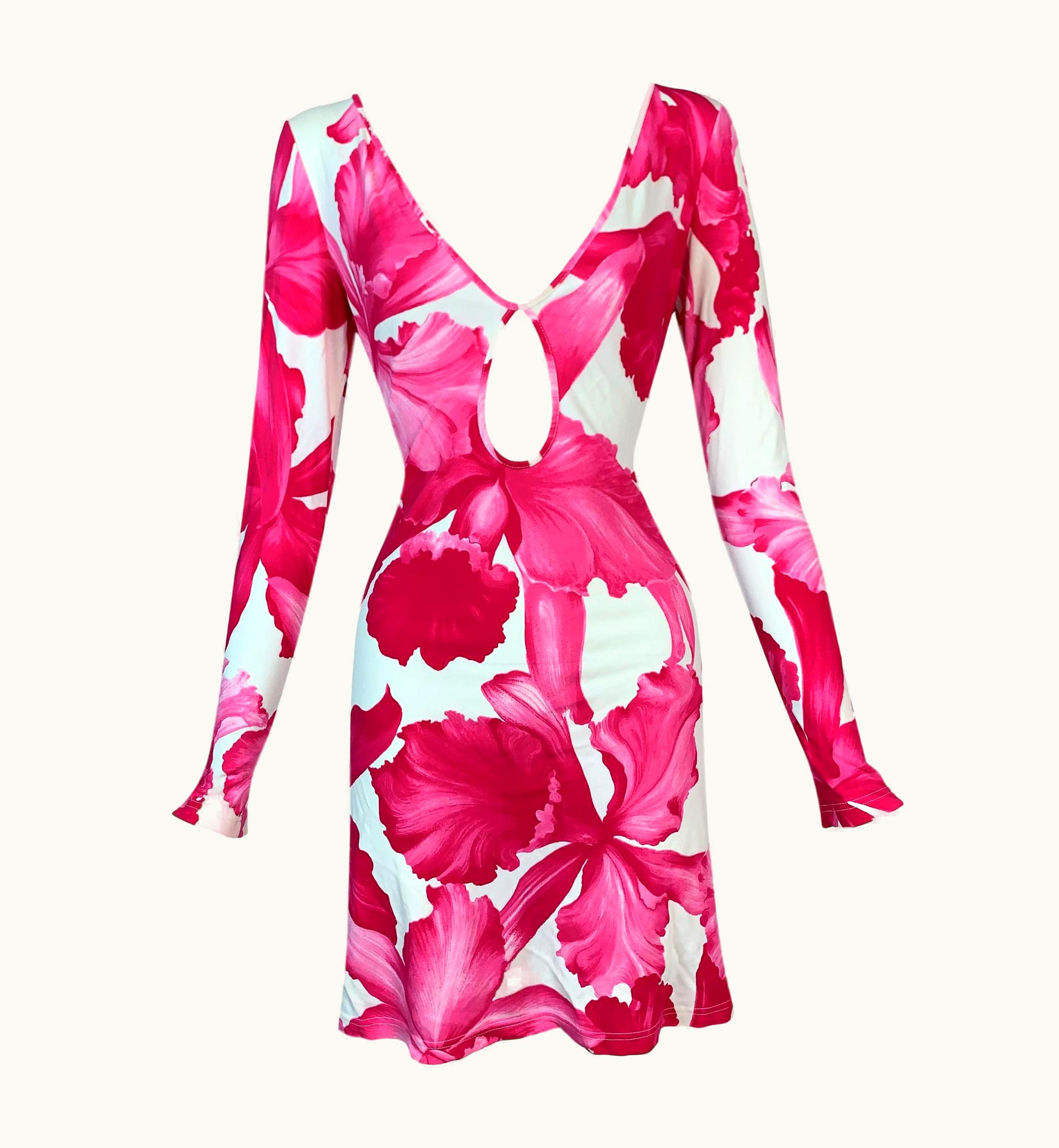 Celine S/S 2004 Celine Michael Kors Pink & White Floral Plunging Keyhole Mini Dress