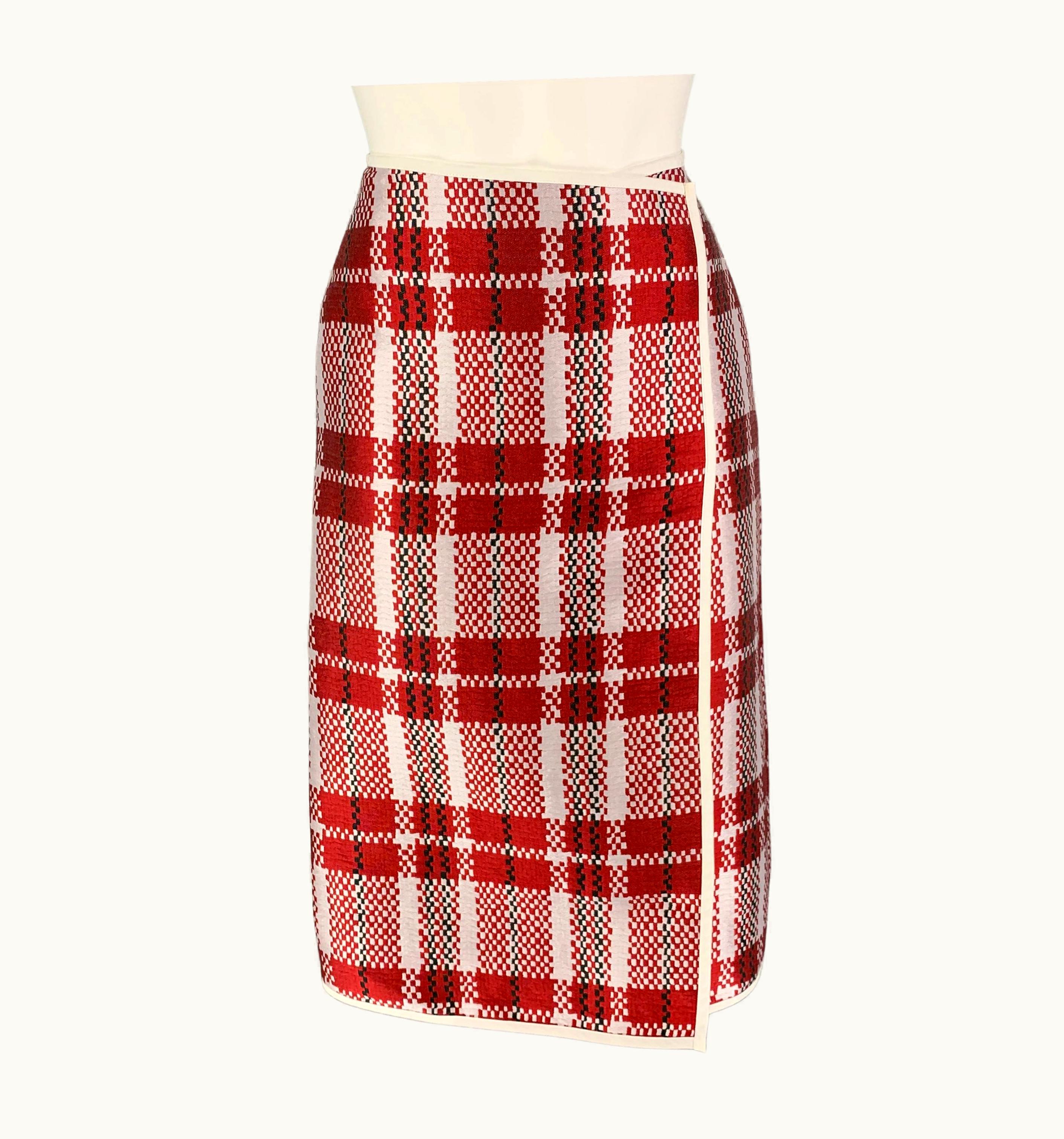 Celine Red Pink Polyester Blend Checkered A-Line Mid-Calf Skirt