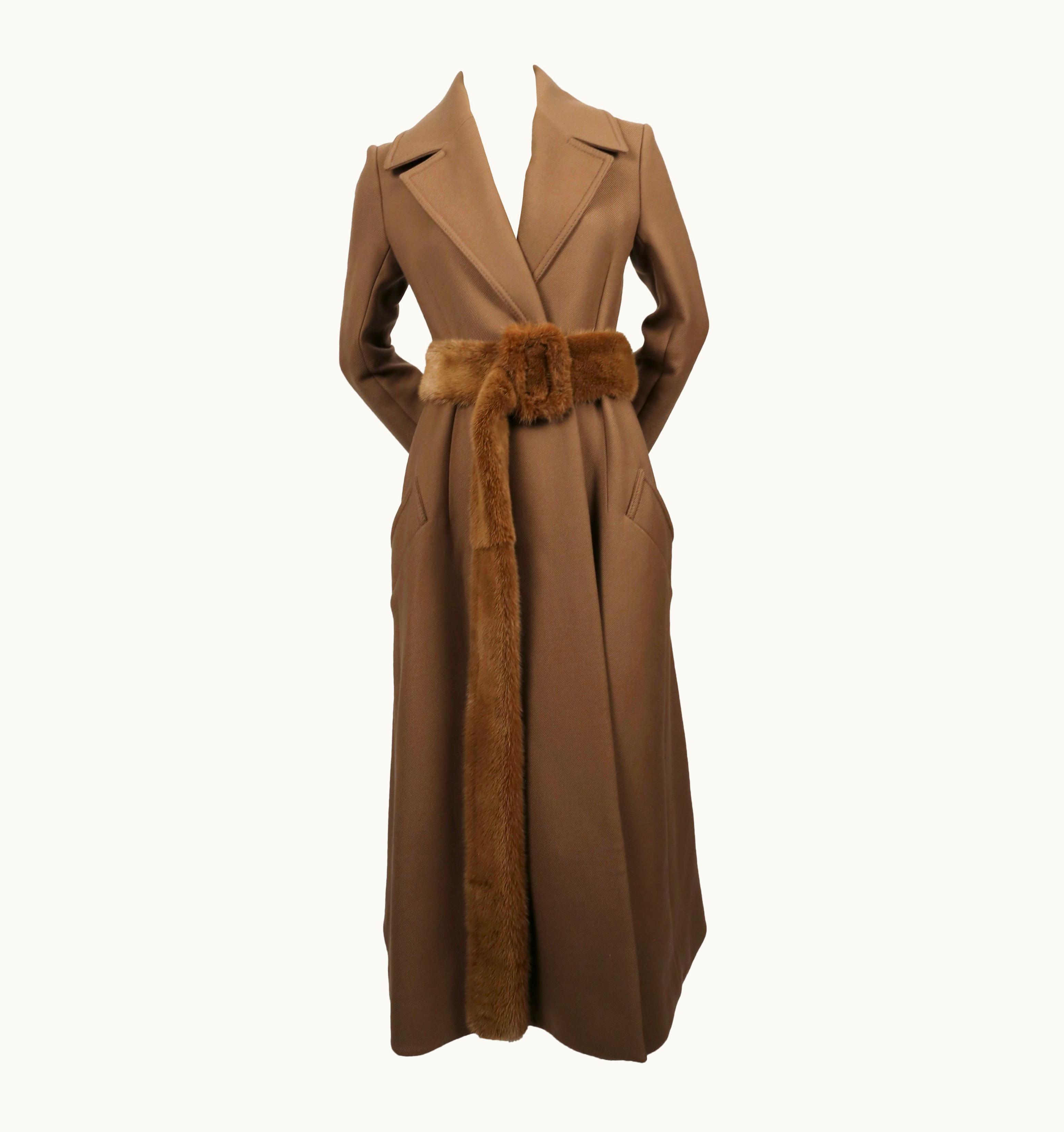 Celine Unworn 2014 Celine Fitted Camel Wool Gabardine Runway Coat With Mink Fur Belt