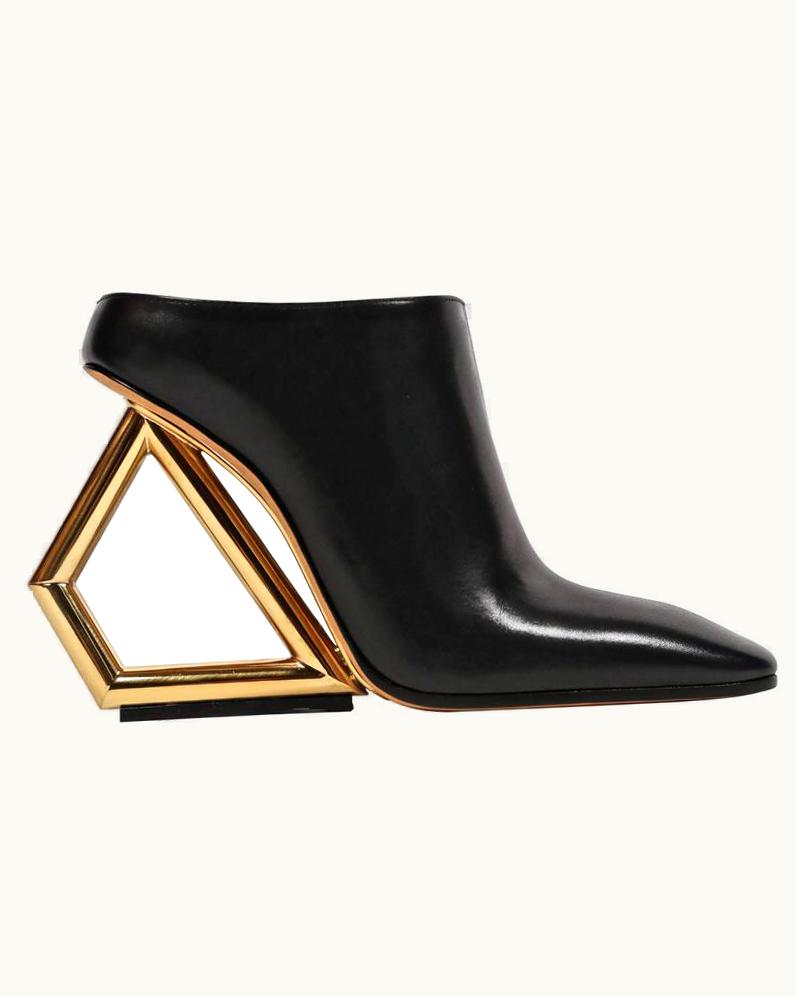 Celine Black Leather Mules With Gold Trapezoid Heels - Runway 2014
